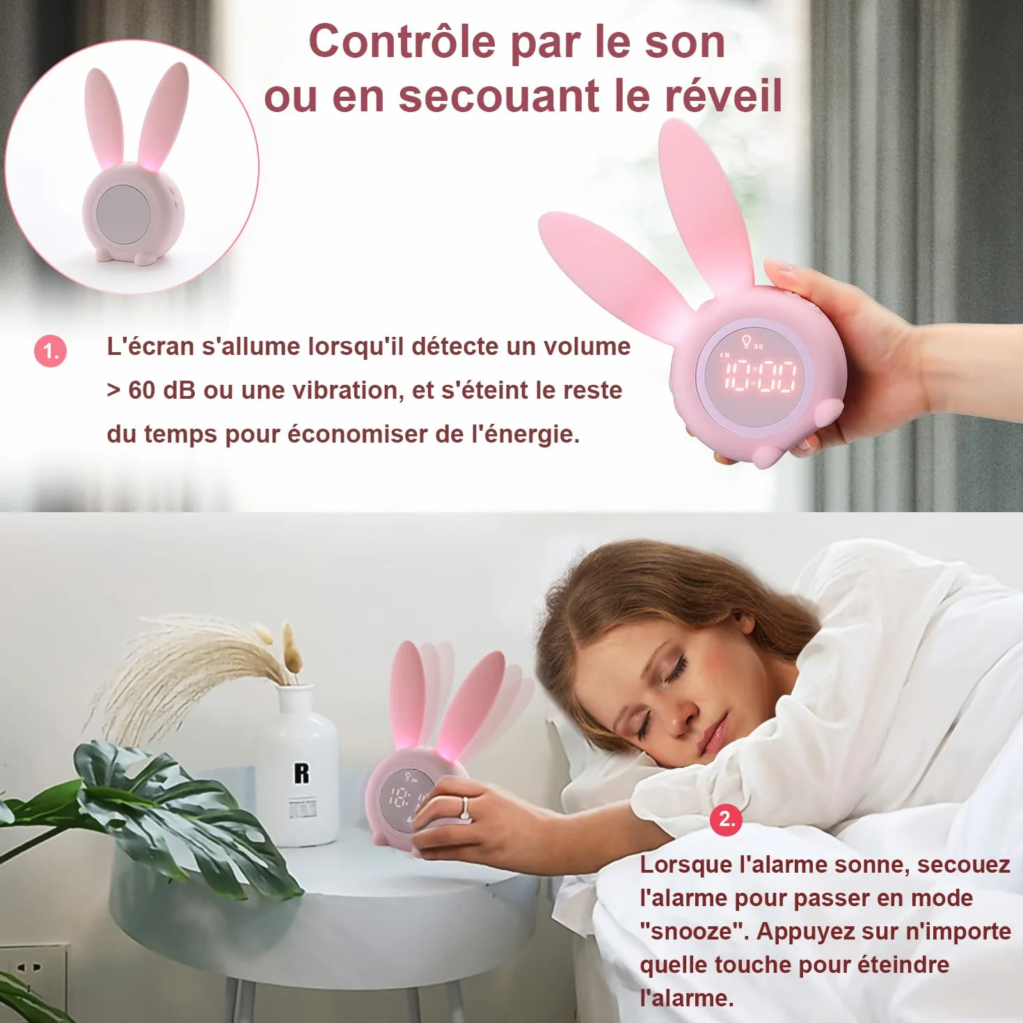 YONGYAO Réveil pour Enfants Lapin Lumineux avec Fonction Snooze, Installation Aimantée, Rose