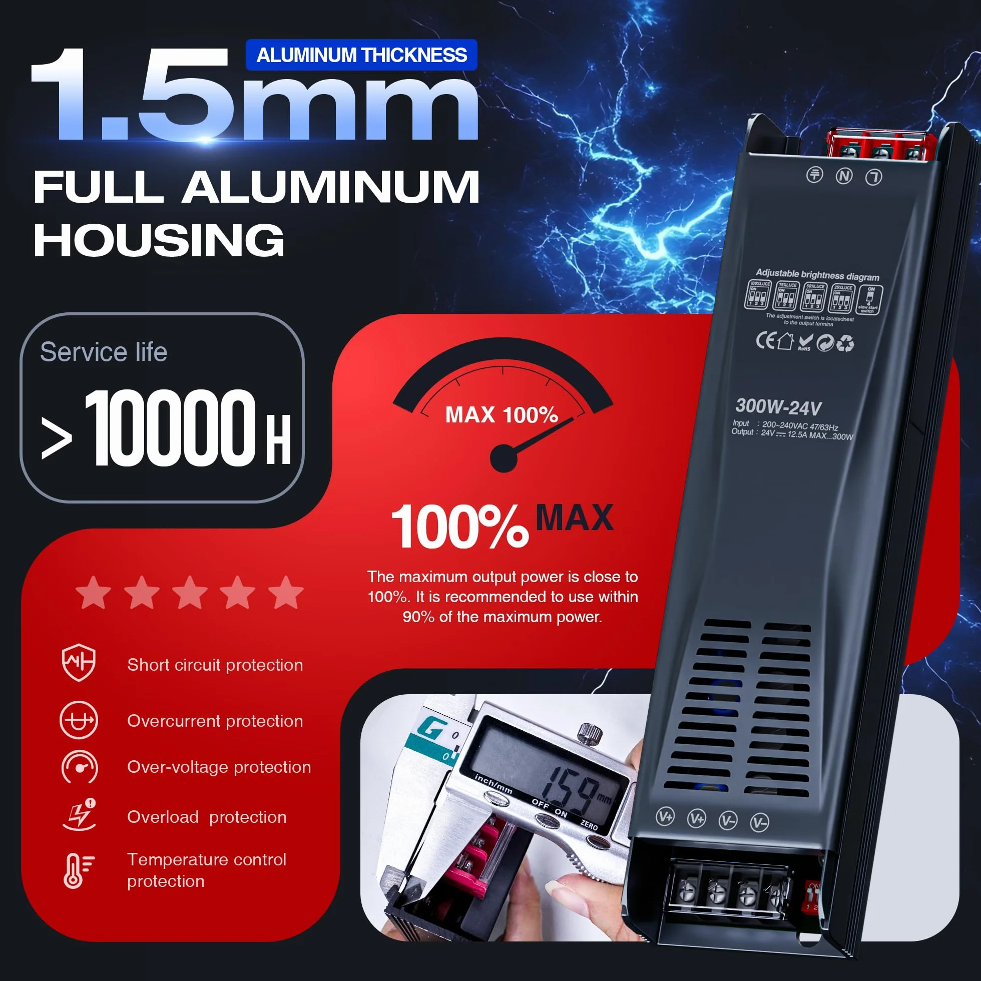 Transformateur LED dimmable 24V 300W 12.5A 230V Alimentation DC basse tension