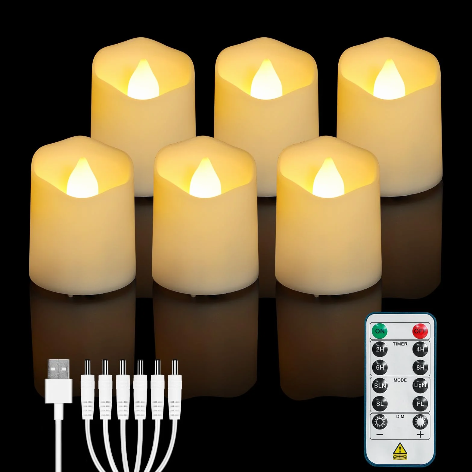 FREEPOWER 6 Bougies LED Rechargeables USB avec Minuterie Télécommande Flamme Vacillante Blanc Chaud 4x4.5cm