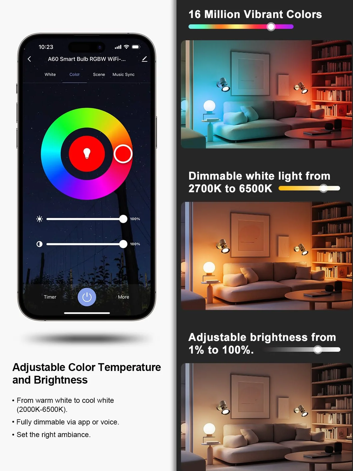 Fitop Ampoule Connectée WiFi GU10 RGBCW LED Smart 4.7W Dimmable 2700-6500K 5 pièces