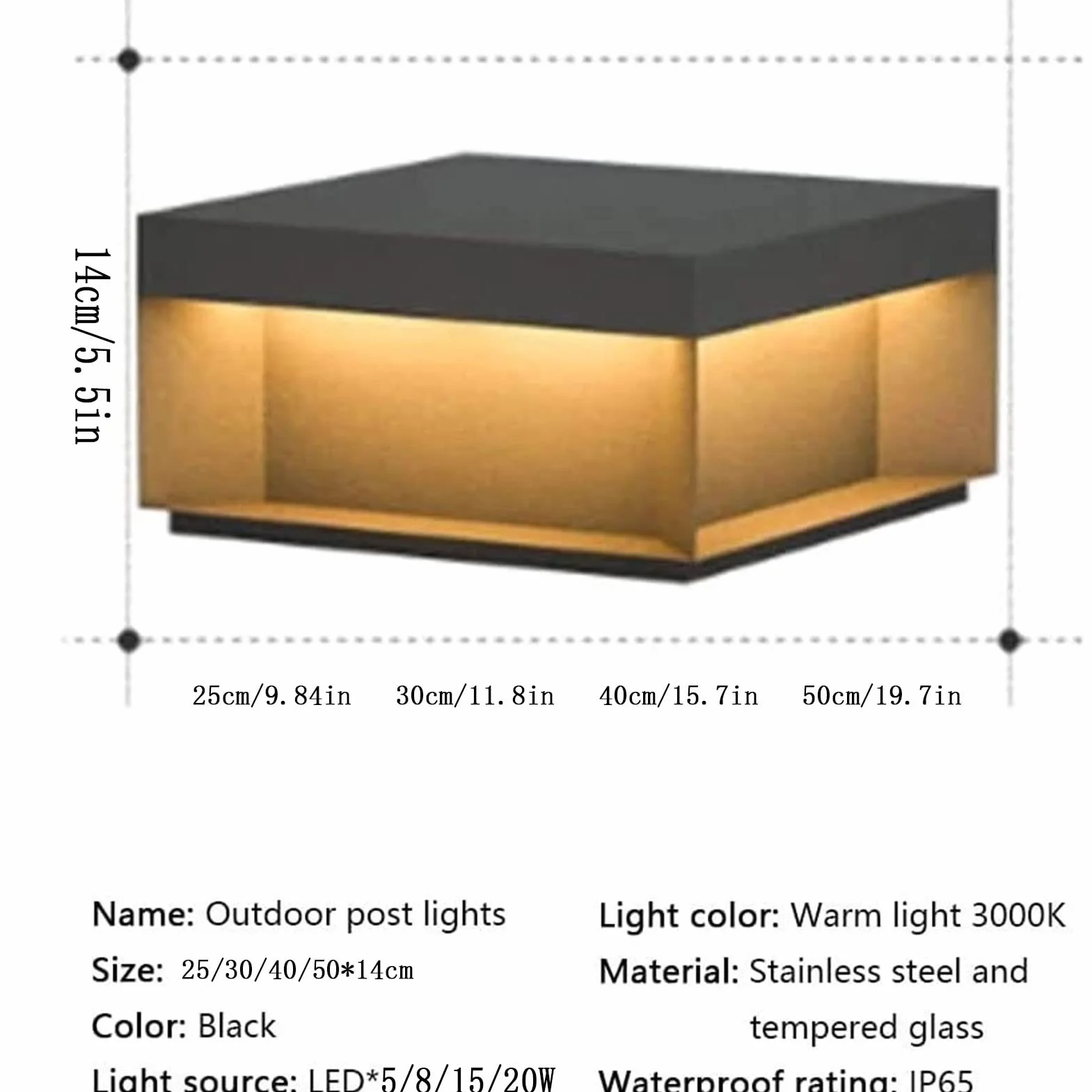 Lampadaire extérieur carré étanche en acier inoxydable LED 30 cm