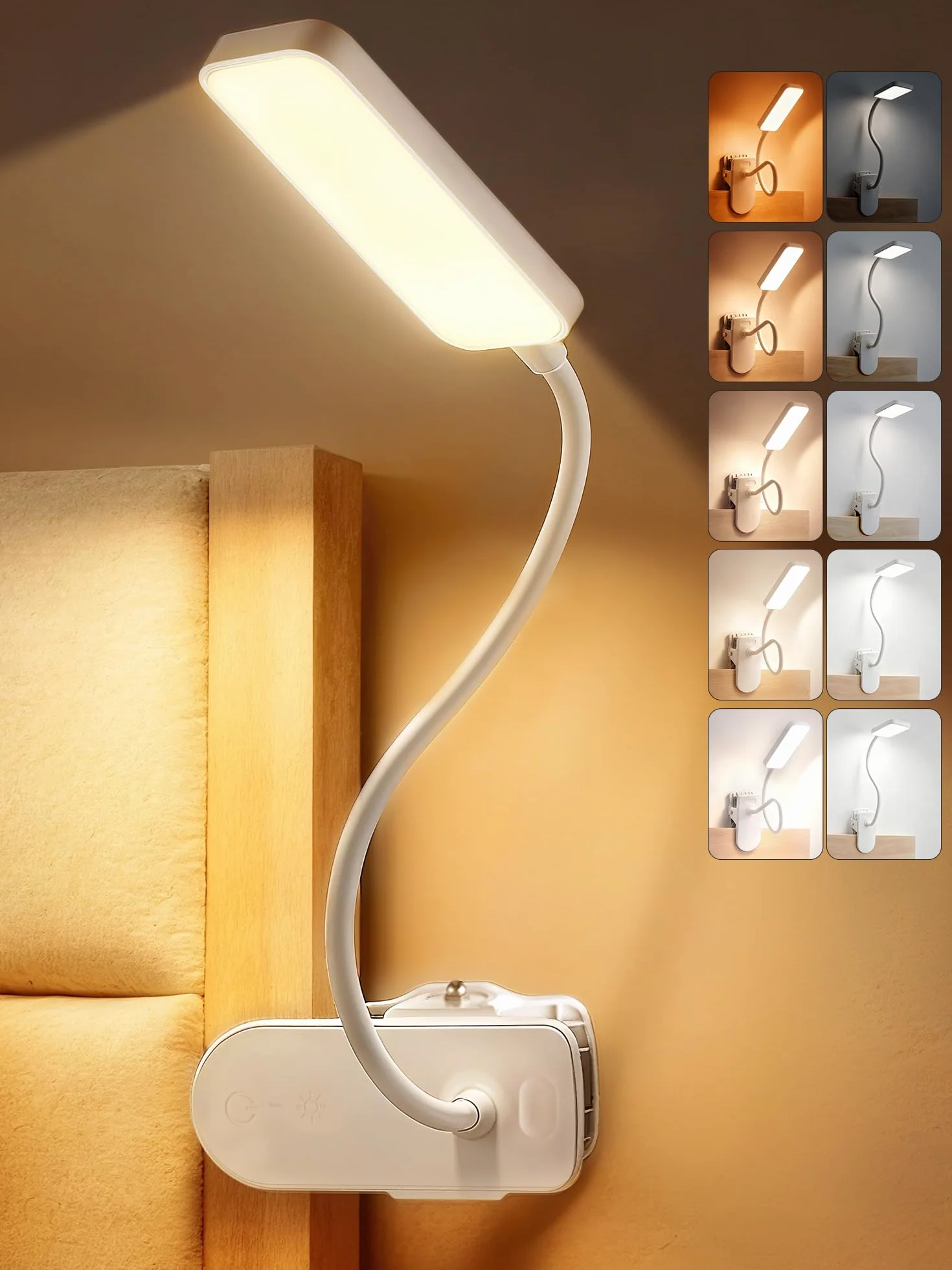 Lampe de Lecture à Pince 5 Couleurs 9 Luminosité Lampe LED Rechargeable 4000mAh 450 Lumen Sans Fil Flexible