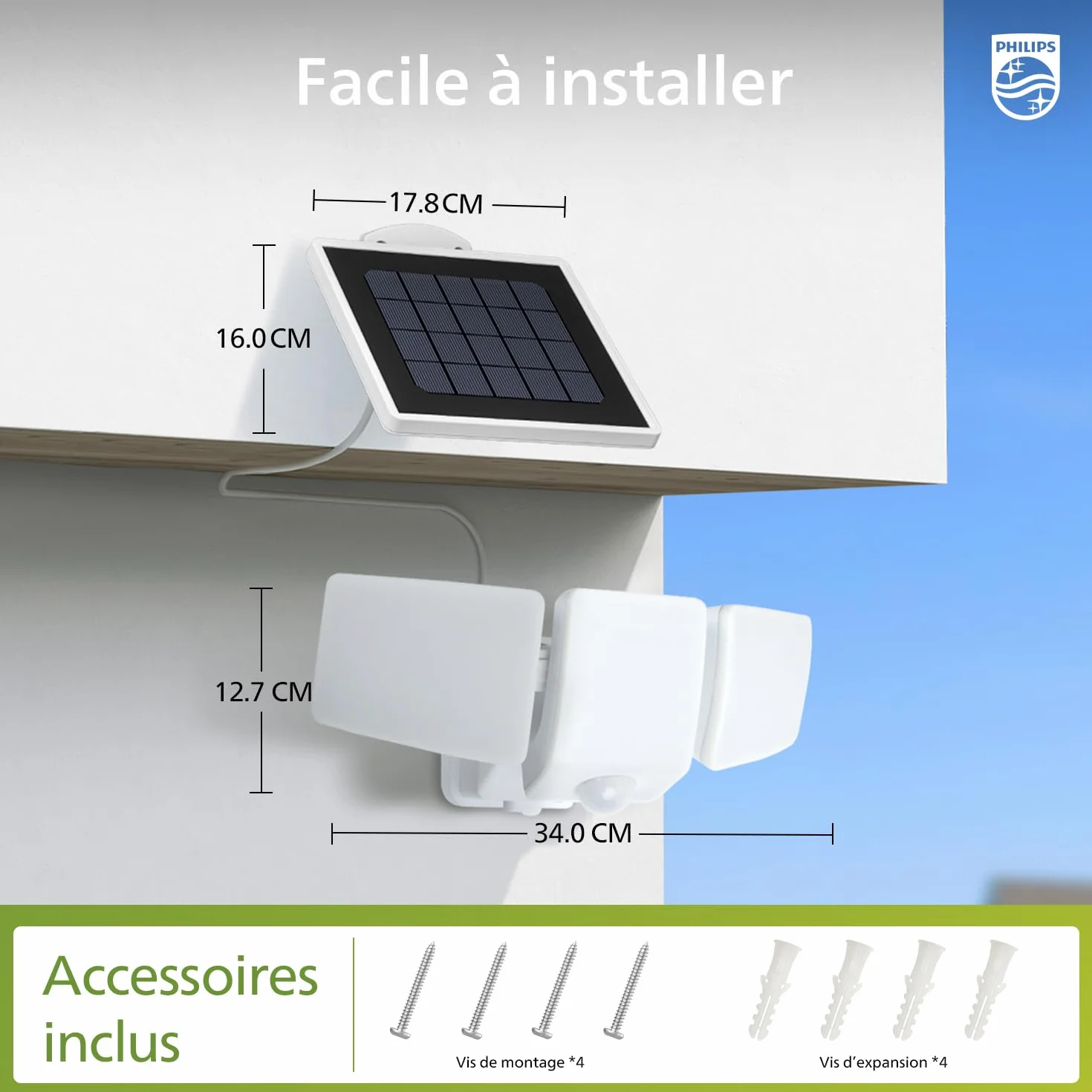 Philips Lampe de Sécurité Solaire LED 3600LM Extérieur Détecteur de Mouvement 3 Têtes Orientables