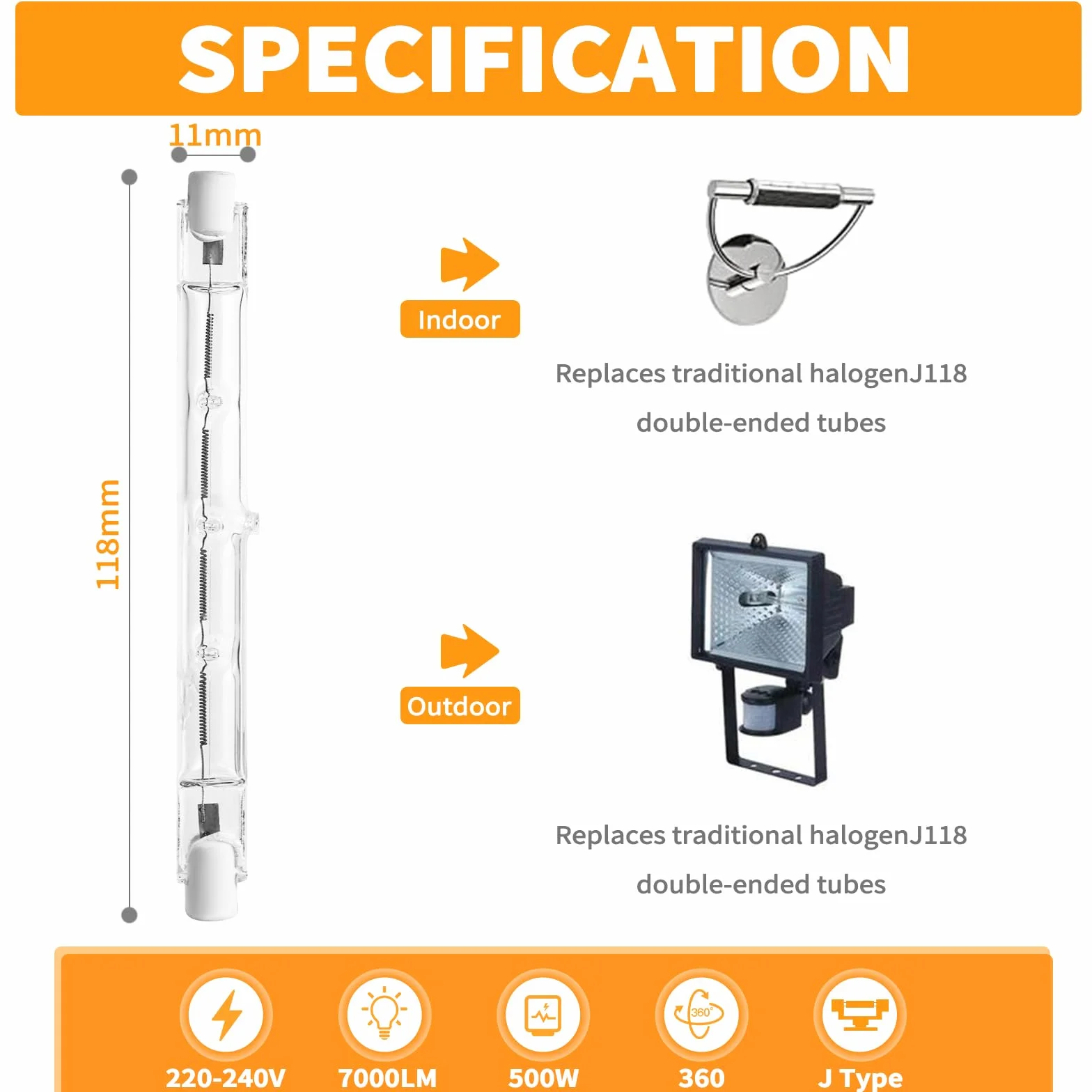 YIIFELL Ampoule Halogène R7s 118mm 500W AC220-240V 2800K Blanc Chaud Dimmable 8 Pièces