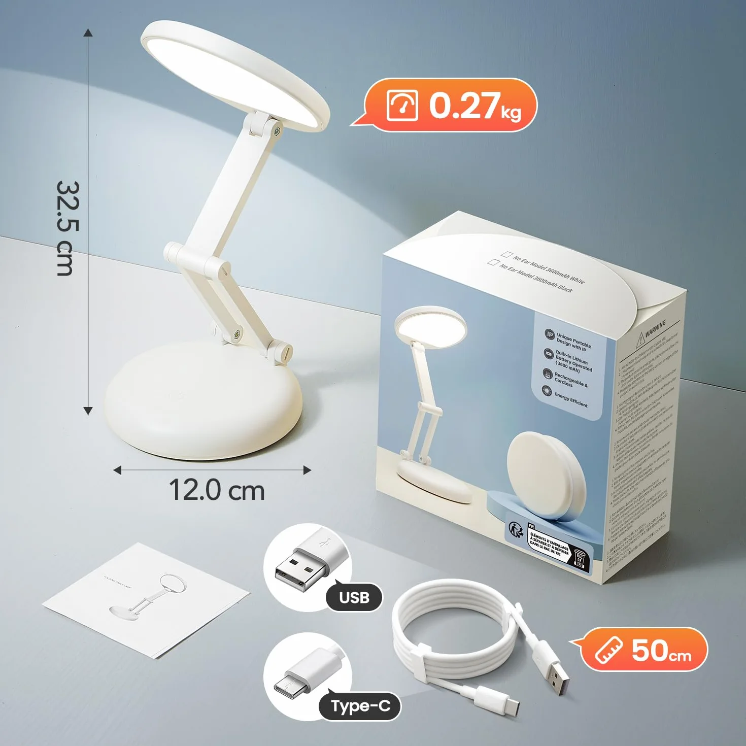 One Fire Lampe de Bureau LED Rechargeable 3600mAh 9 Niveaux de Luminosité Sans Fil Pliable Portable