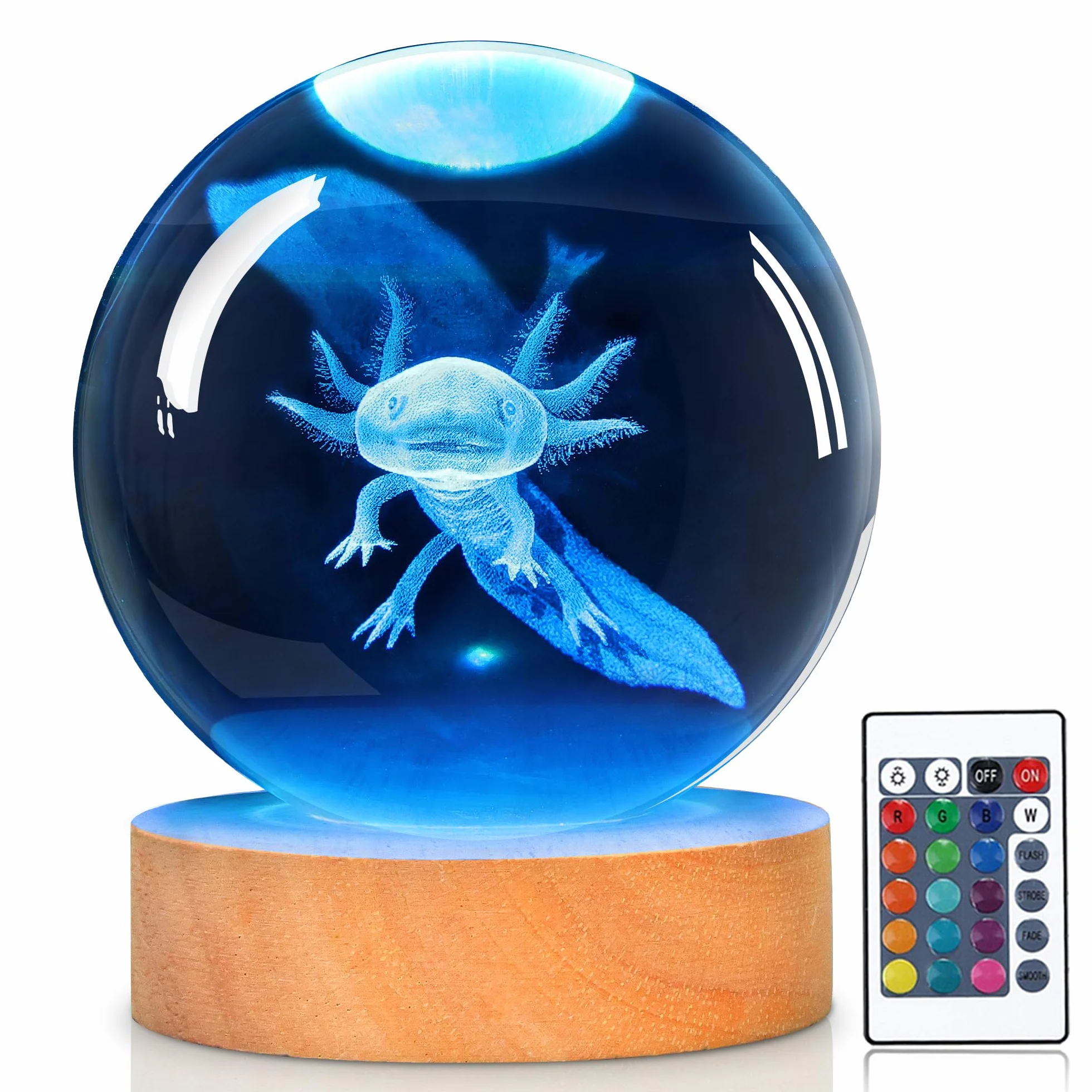 OkiyiD Veilleuse 3D Boule de Cristal Axolotl avec Télécommande, Lampe en Verre, Cadeau pour Enfants