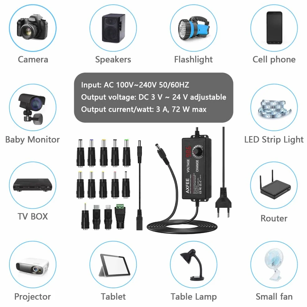 AXFEE Alimentation réglable 72W 24V 3A Adaptateur universel 11 DC pointes 100-240V AC à DC 3-24V