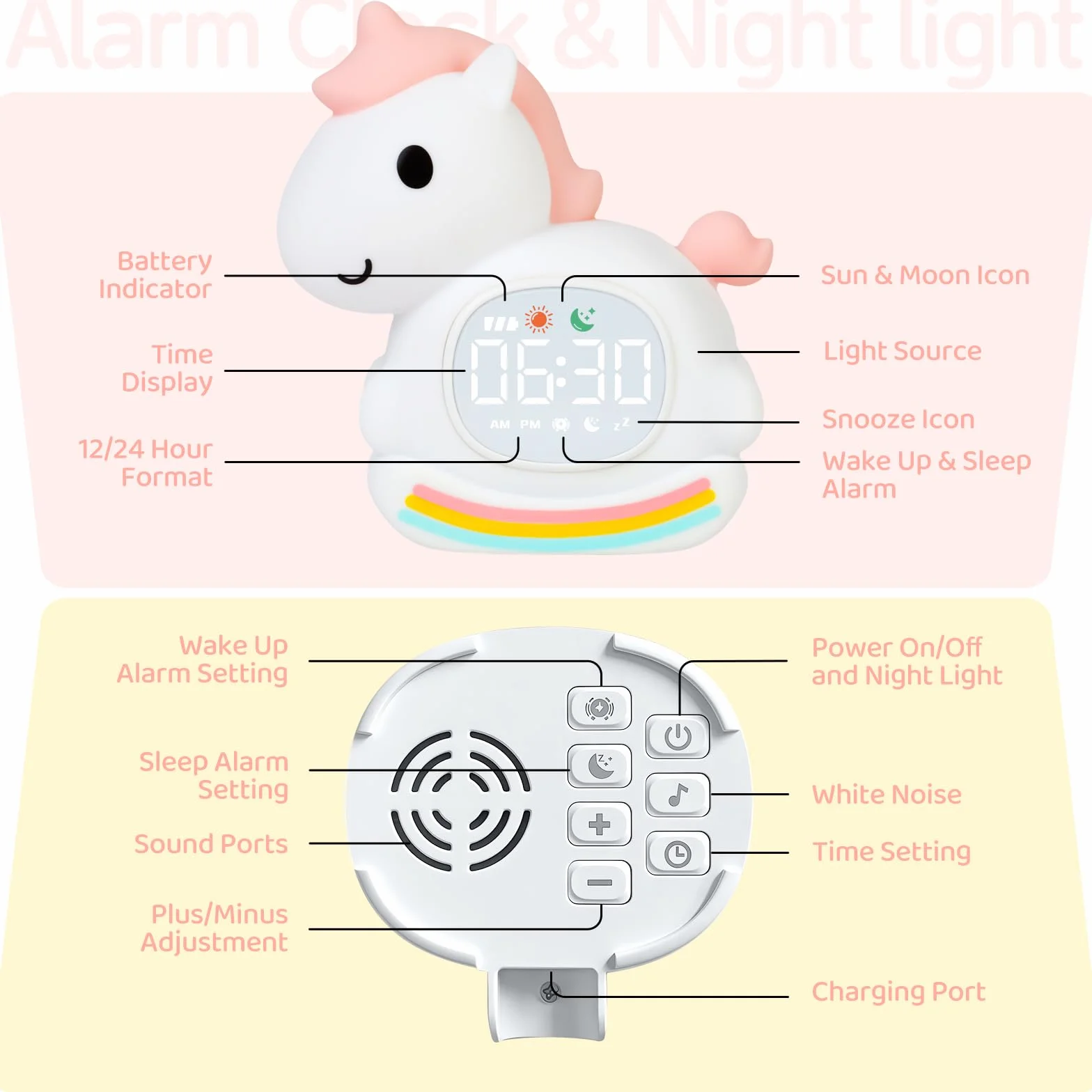 Horloge Réveil Poney Veilleuse Enfants Lampe Rechargeable Silicone Rose