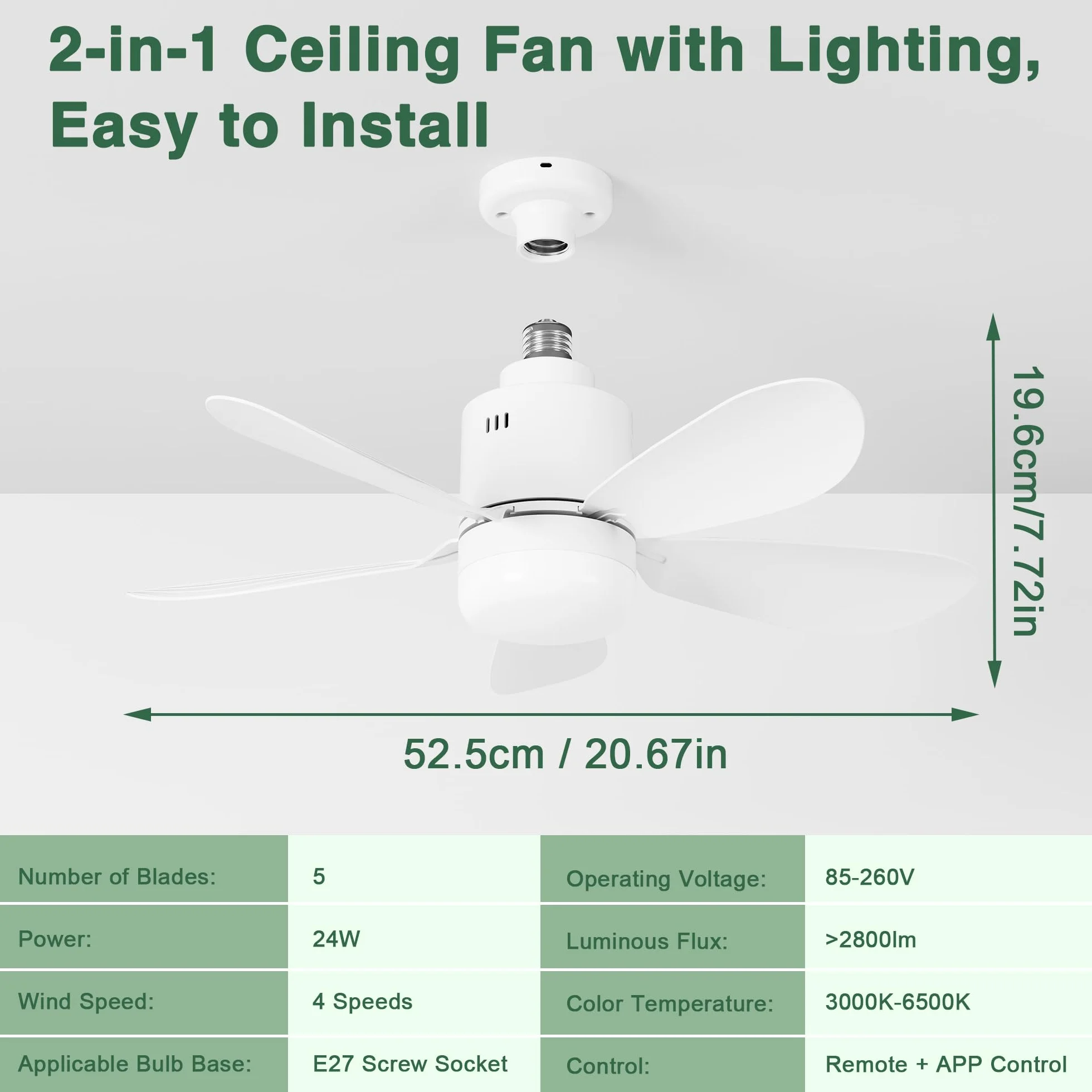 Ventilateur de Plafond avec Lumière et Télécommande, 53cm LED Dimmable 24W E27, 5 Pales, 4 Vitesses