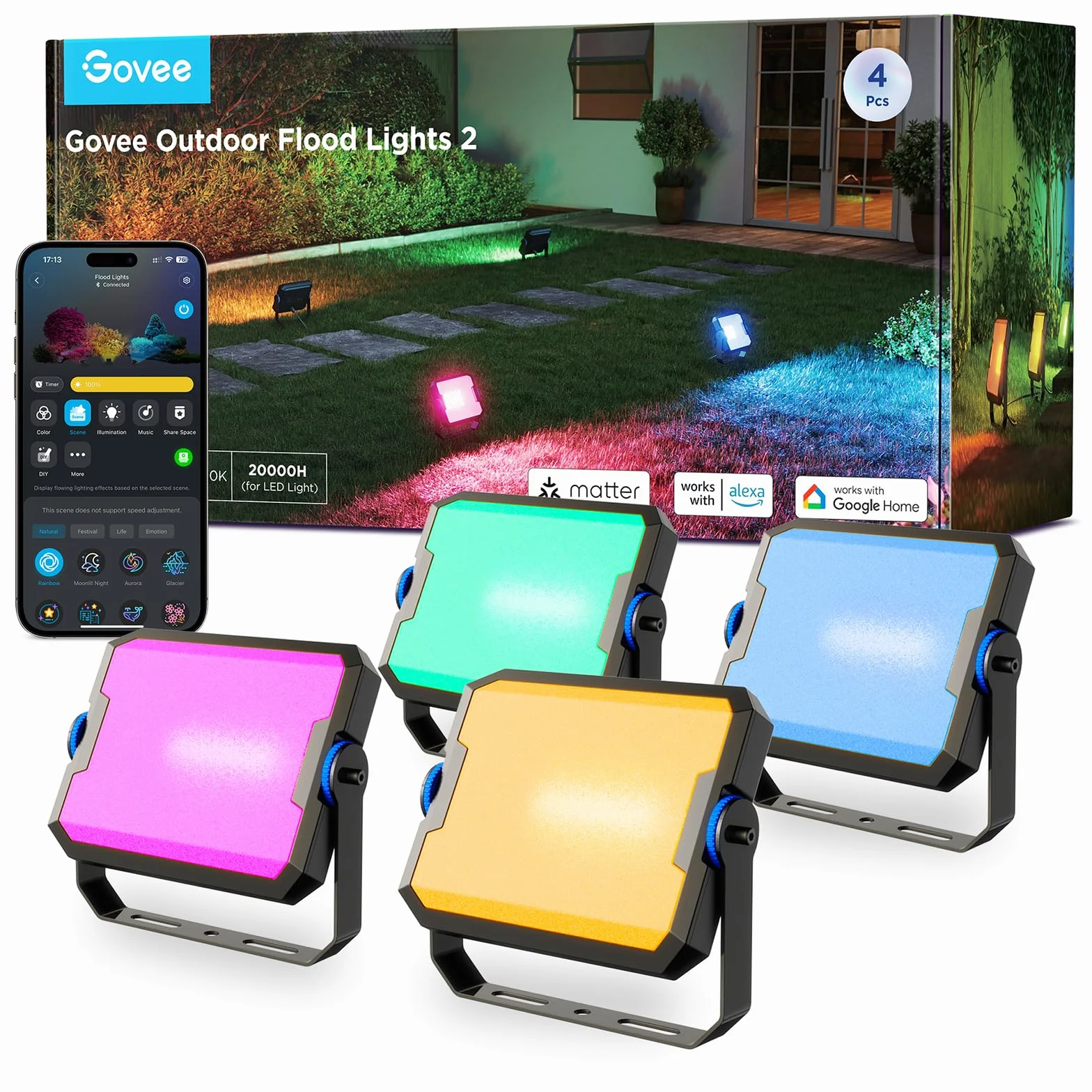 Govee Lot de 4 Phares Projecteur LED Extérieur RGBIC, IP66, Compatible Alexa Google Home