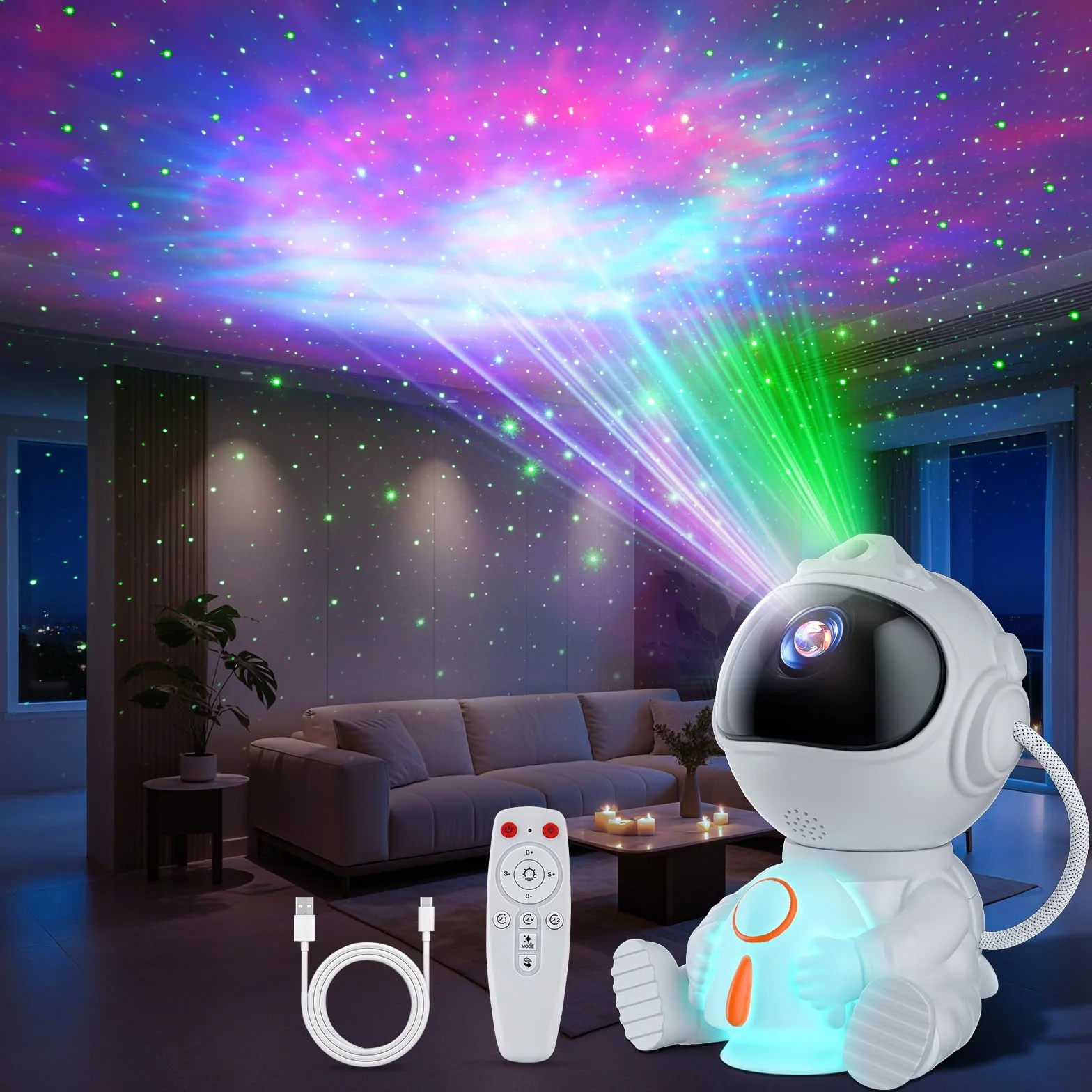 Astronaute Projecteur LED Ciel Étoilé 8 Modes Nébuleuses 5 Modes Luminosité Vitesse 2 Étoiles Galaxie Veilleuse Fusée