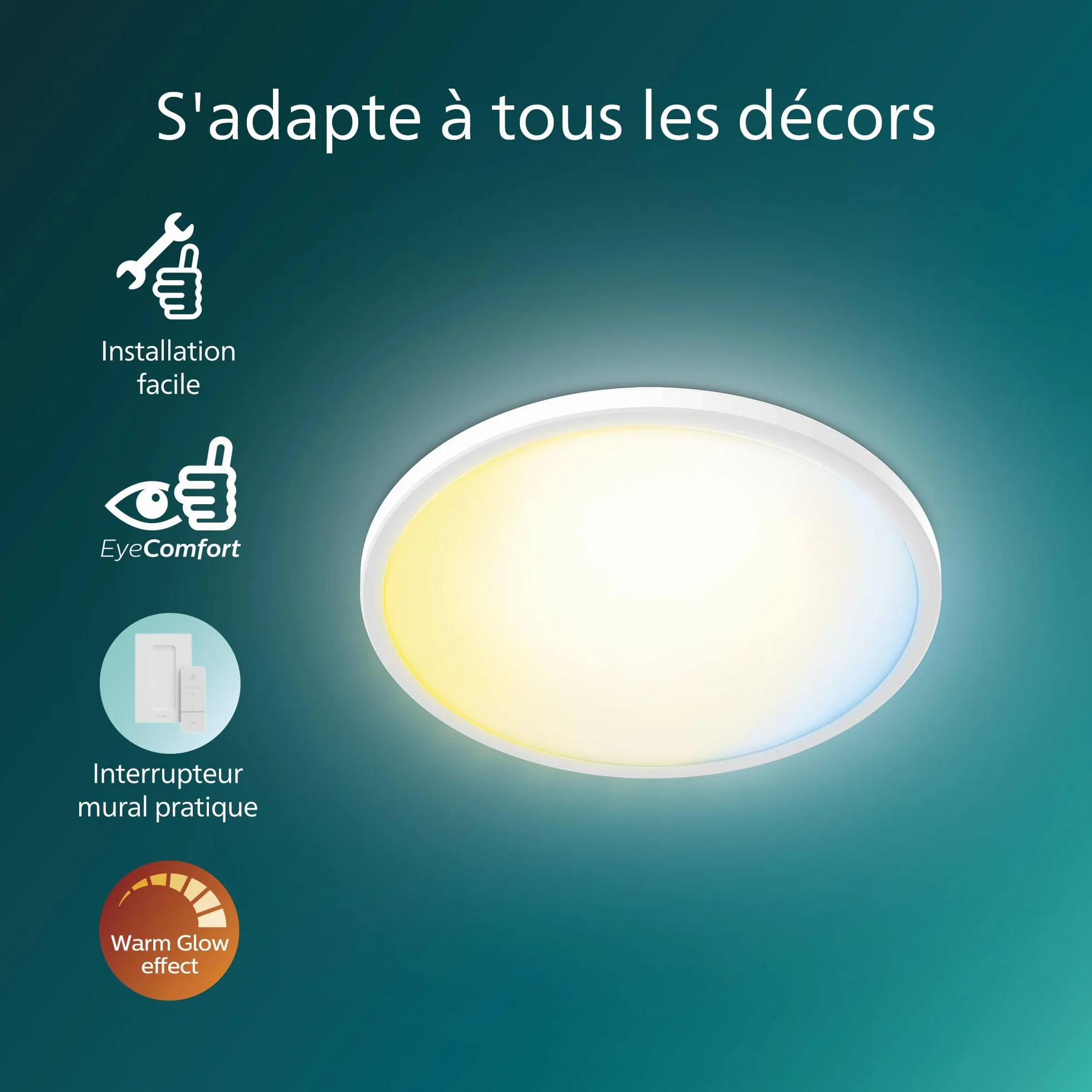 Philips Superslim Plafonnier Rond Télécommandé 16W 29.1cm Blanc 5 Ambiances Gradation 1%