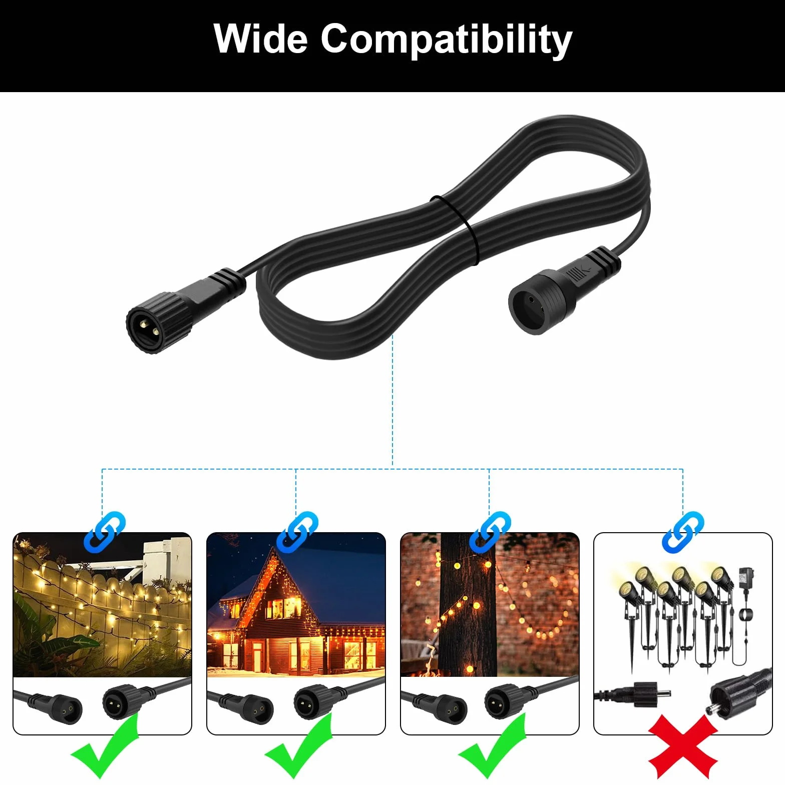 Rallonge de guirlande lumineuse 10M Câble d'extension 2 pôles IP65 étanche noir