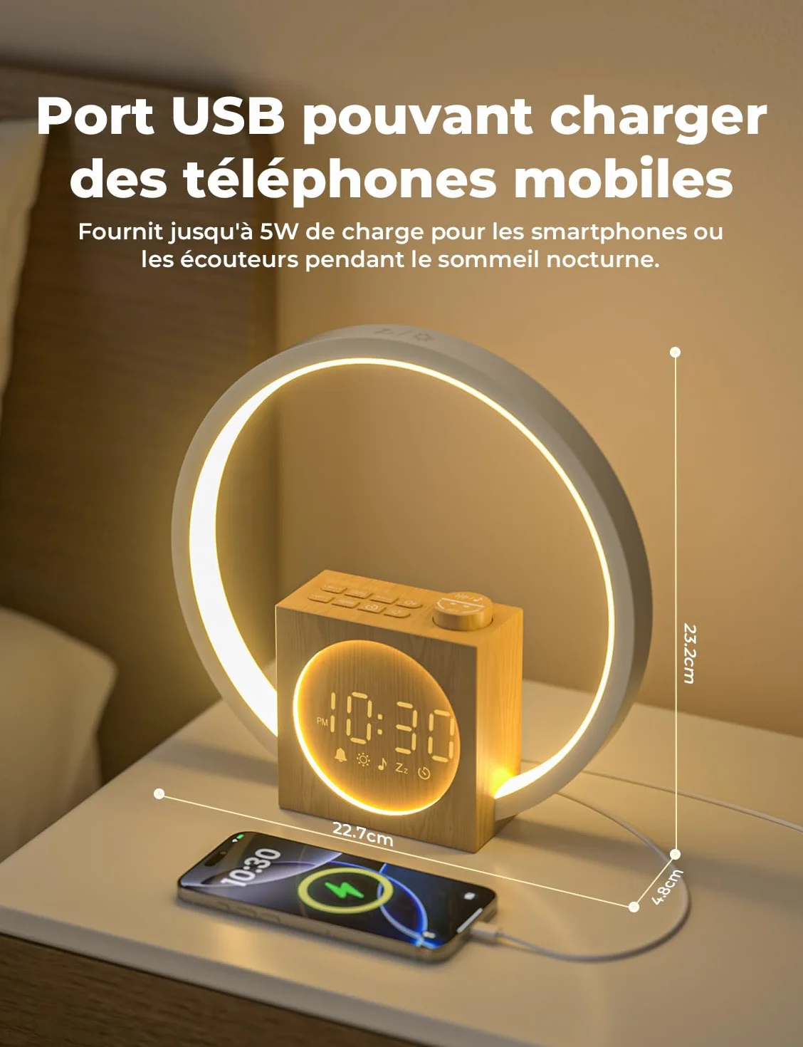 LIORQUE Lampe de Chevet LED avec Réveil Lumineux Simulateur d'Aube, 30 Sons, 20 Niveaux de Luminosité, Minuterie Sommeil 10-480 min