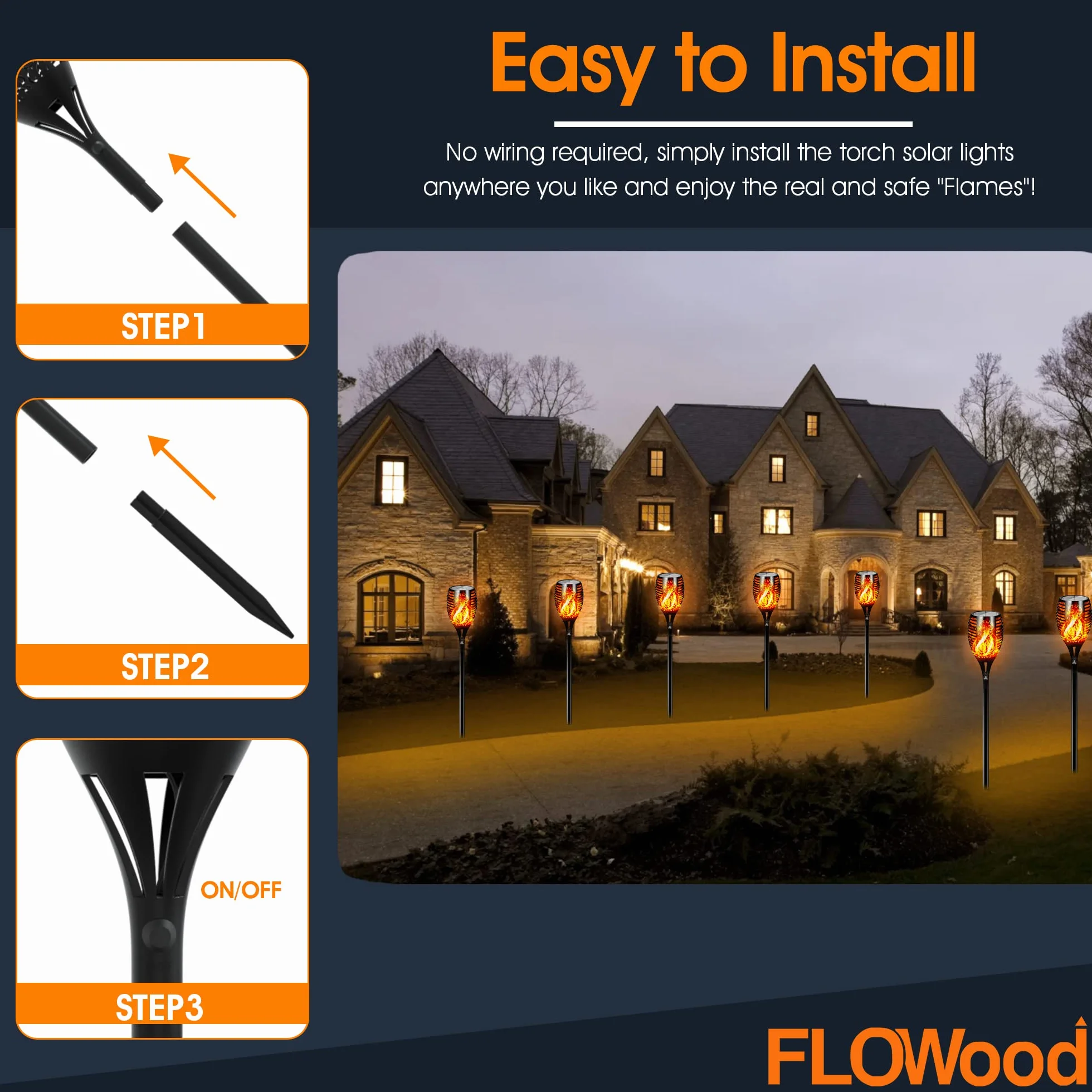 Lot de 4 lampes solaires de jardin FLOWood 96 LED flamme vacillante IP65 extérieur crépuscule à l'aube
