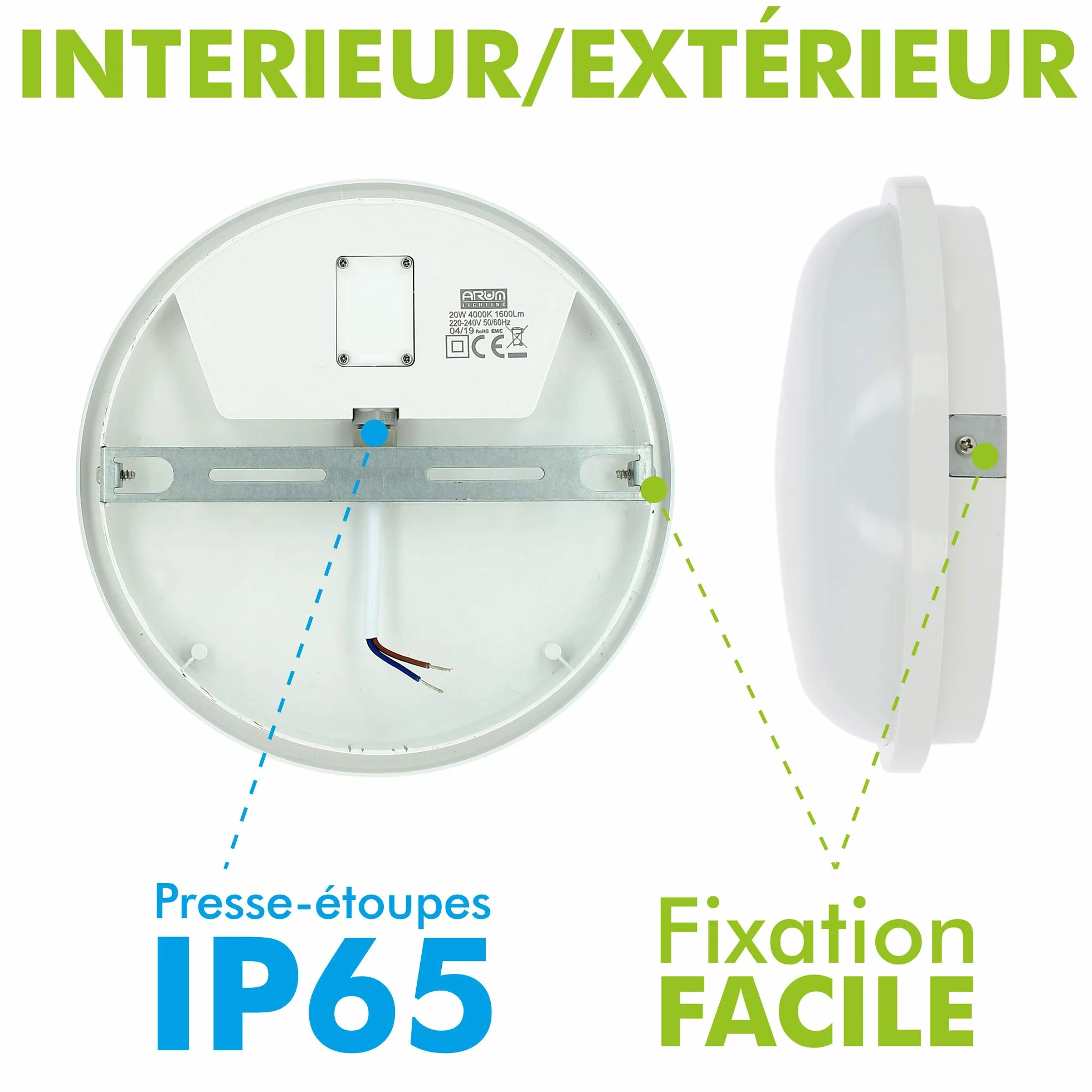 Hublot LED Extérieur PERRY 20W 2300 Lumens CCT 3000K-6500K Plafonnier Rond Étanche IP65 IK08