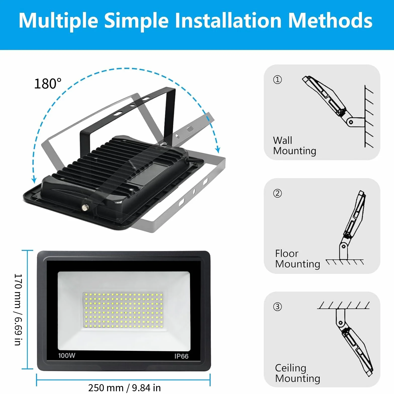 Projecteur LED Extérieur 100W 10000LM 3000K IP66 Imperméable Jardin Garage