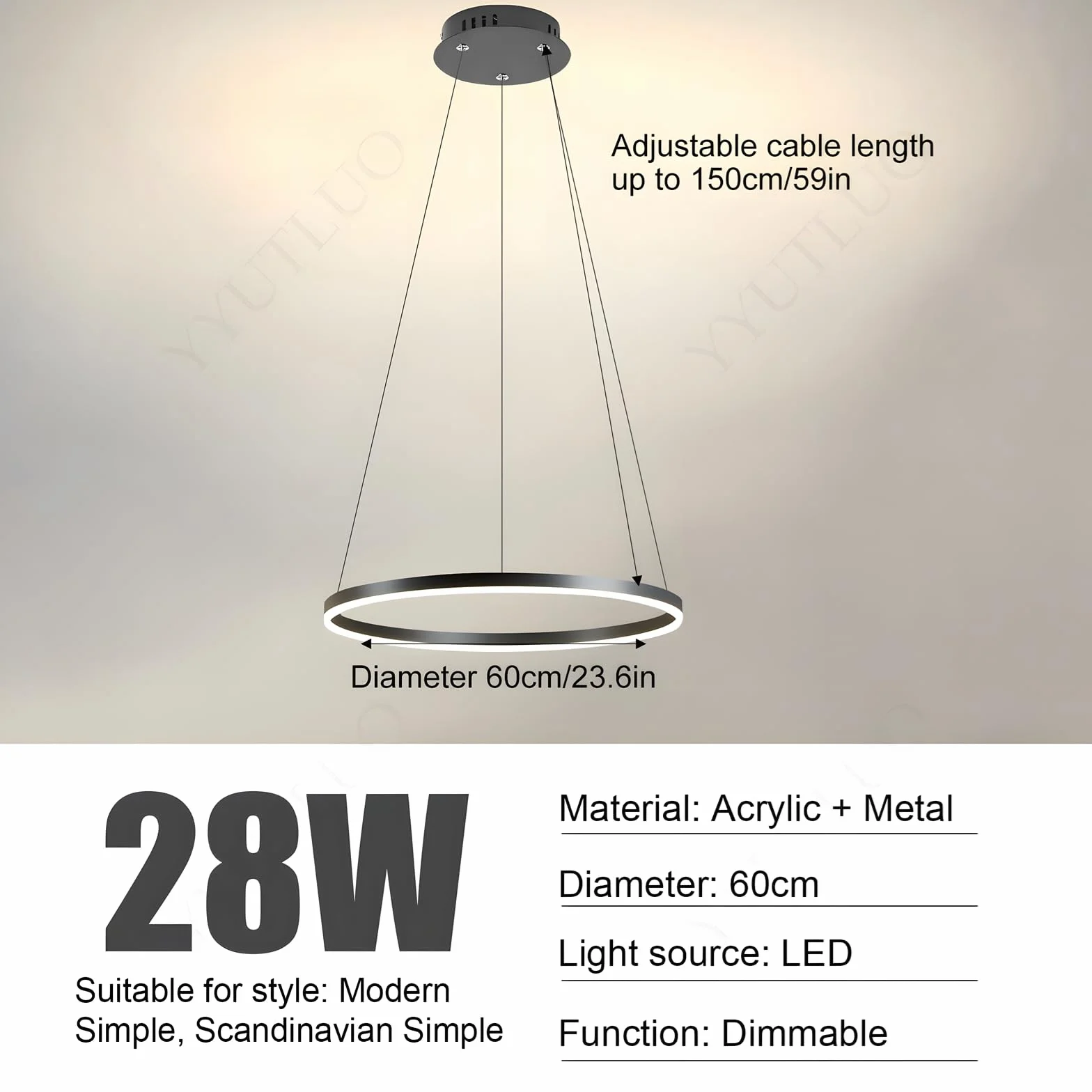 Lustre LED Moderne DIY Cercle | 1 Noire Anneaux :60cm=29W| Éclairage Suspendu LED Métal+Acrylique Télécommande Intensité Variable 2,13G Lampe Suspendue Plafond Ronde Salon Chambre Coucher