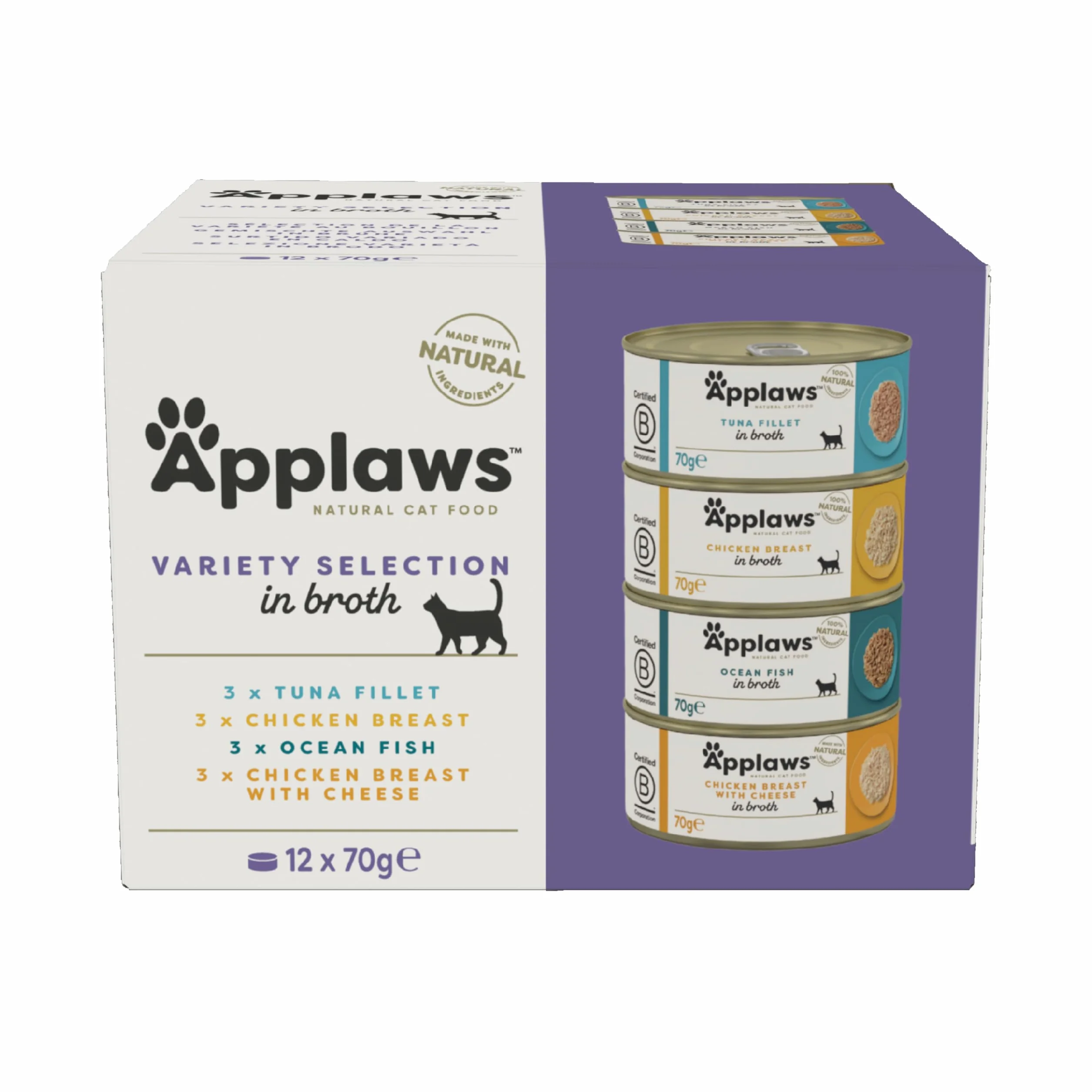 Applaws Nourriture humide naturelle en bouillon pour chats adultes thon poulet poisson de l'océan 12 boîtes 70 g