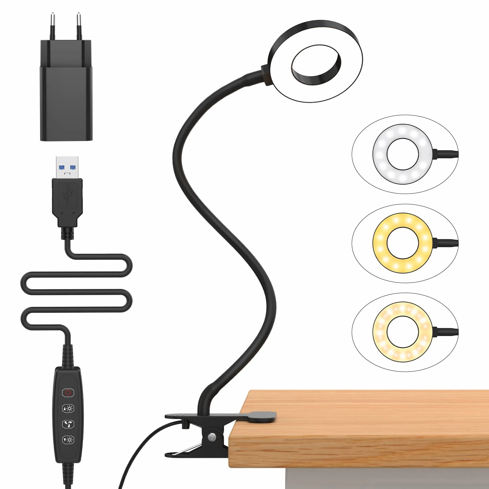 iZELL Lampe de Bureau à Pince LED 40CM, 3 Modes 10 Niveaux Luminosité, Flexible 360°, avec Adaptateur USB