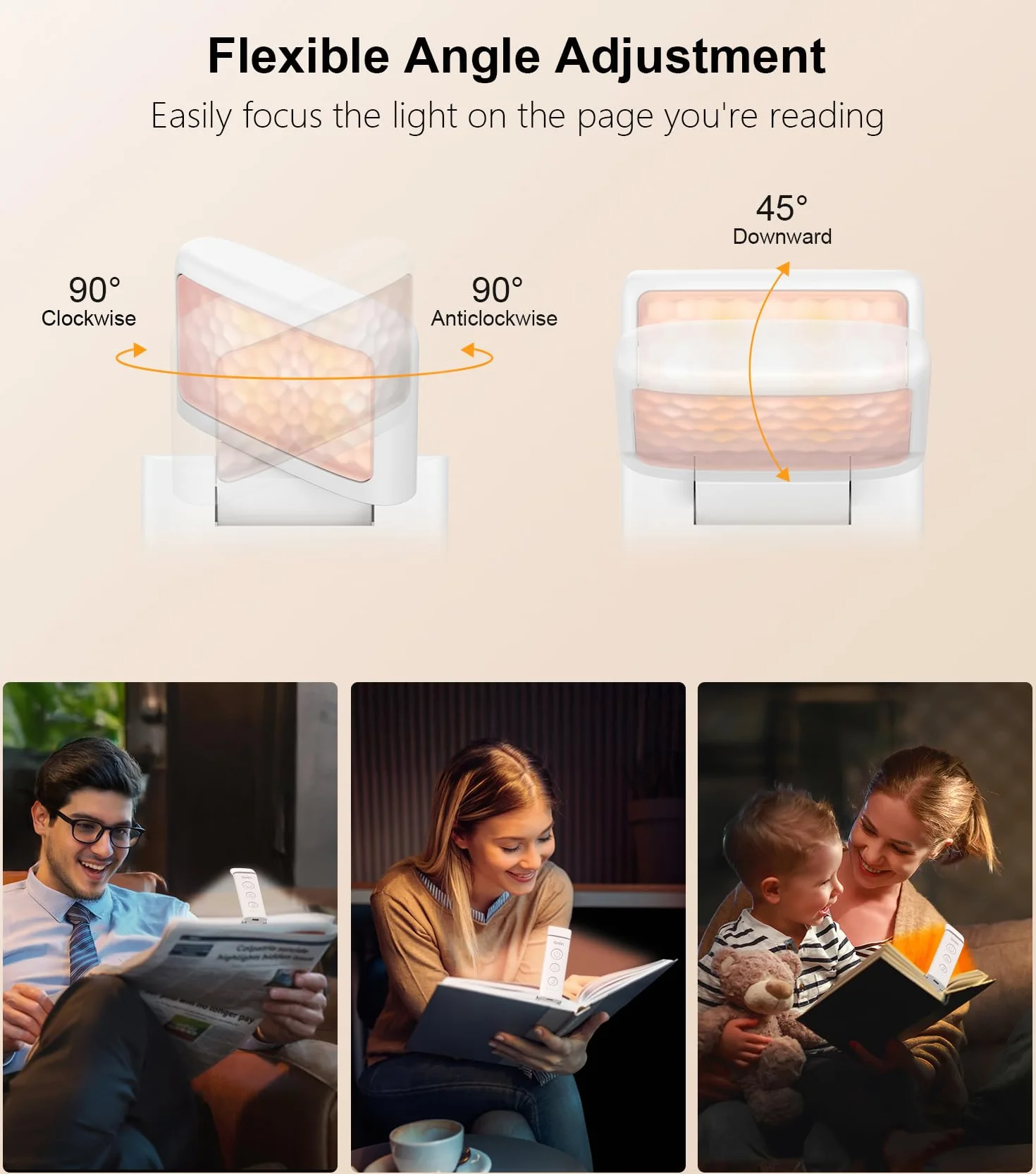 Gritin Lampe de Lecture Rechargeable, Liseuse Lampe Clip, 3 Couleurs Protection des Yeux, 5 Luminosités Réglables, Compacte et Durable
