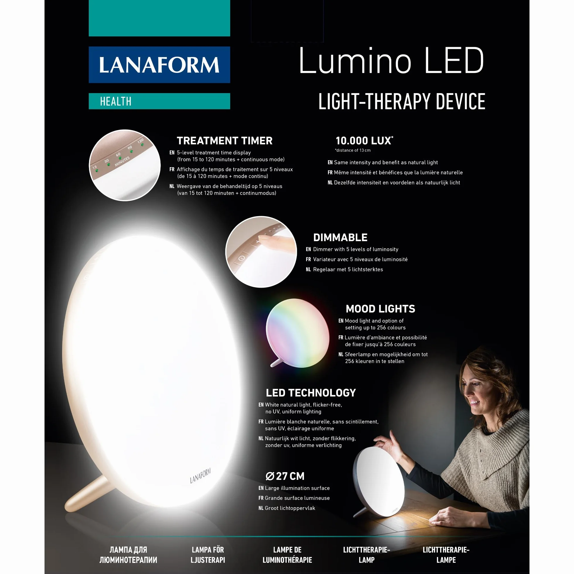 Lampe Luminothérapie LANAFORM Lumino LED Gold 10000 Lux Sans UV Réglable 5 Intensités