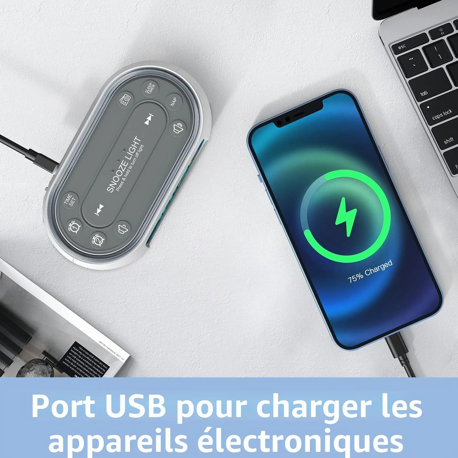 BUFFBEE Radio-réveil FM avec double alarme, veilleuse 7 couleurs, chargeur USB et variateur