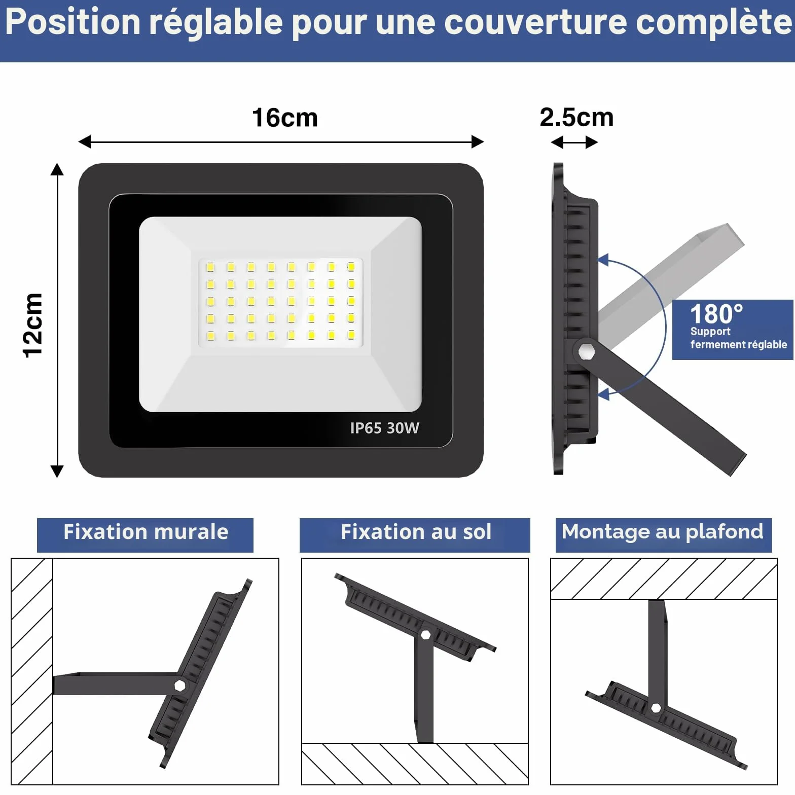 Realky Projecteur LED 30W 3000LM 40LEDs IP65 Etanche 6500K Extérieur