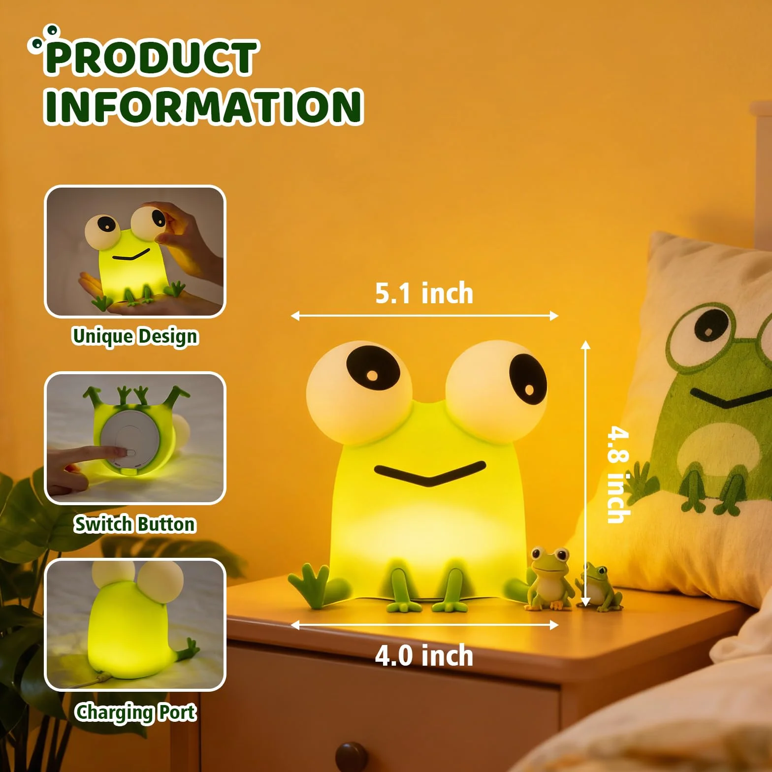 Gemmac Veilleuse Grenouille Rechargeable Silicone Tactile Lumière Allaitement Dimmable 7 Couleurs Minuterie Lampe Chevet