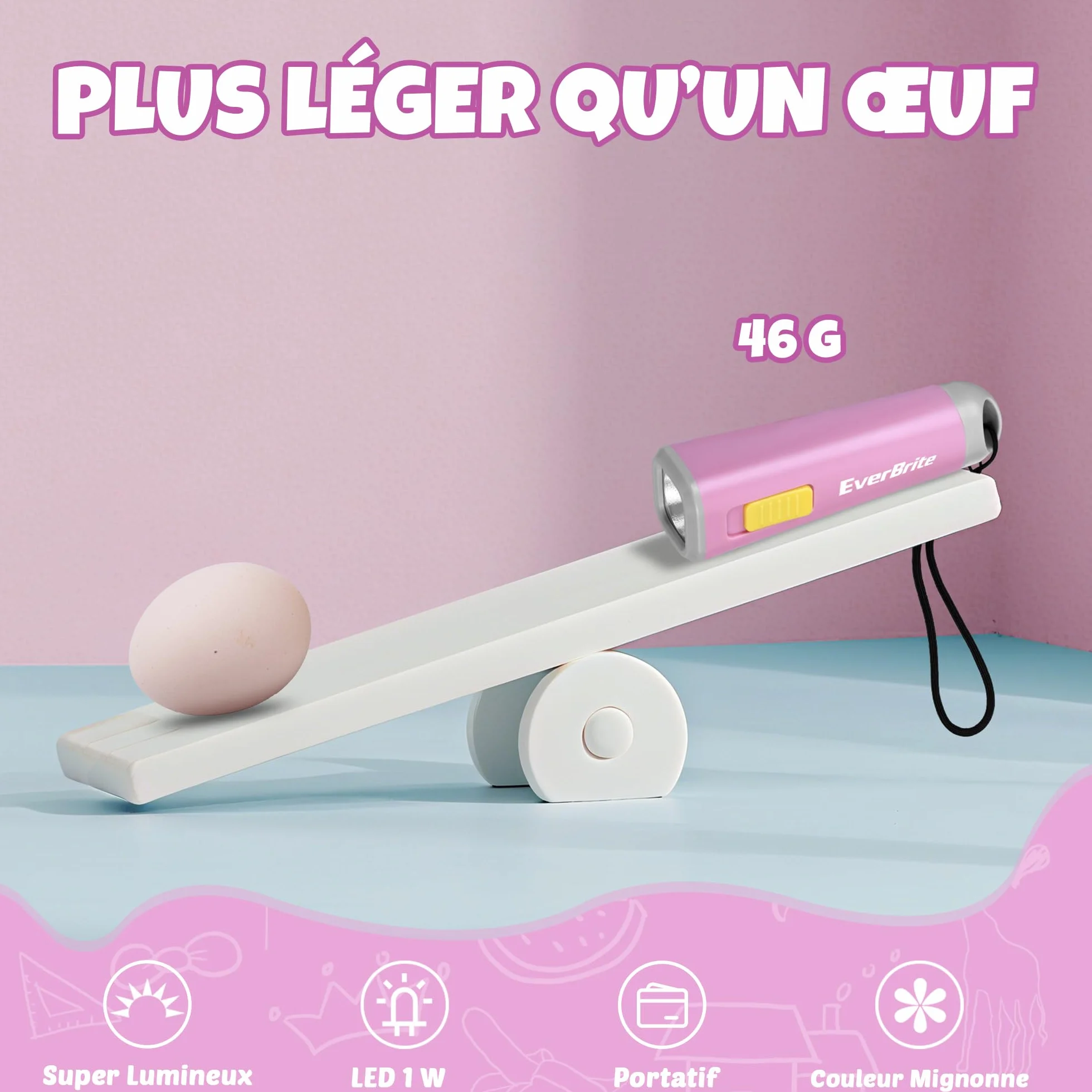 EverBrite Mini Lampe de Poche LED Rose, Lampe Torche Léger 46g Lumière Jaune, 3 Piles AAA Incluses