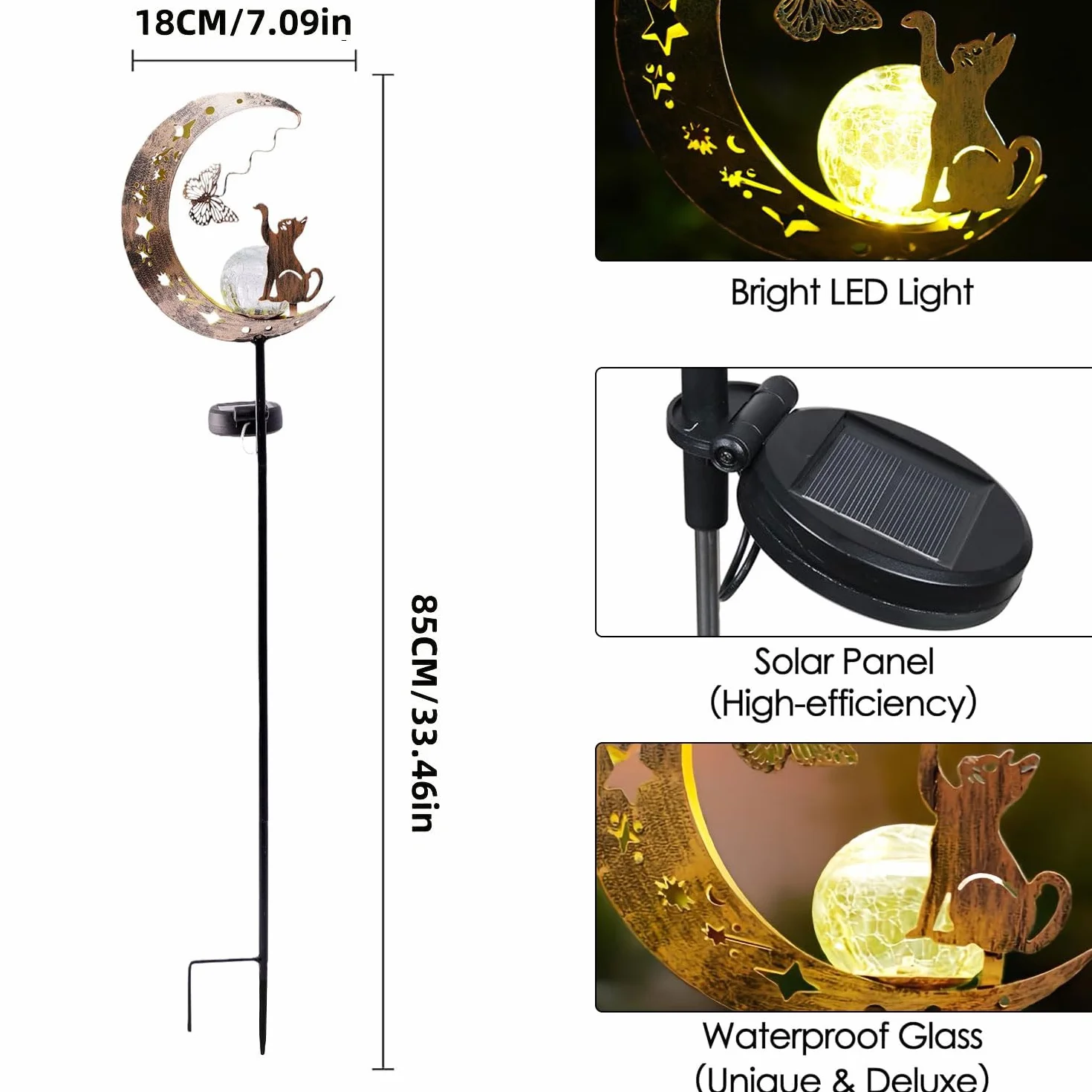 YeahBoom Lampes solaires de jardin décoratives avec motif lune et chat, étanche pour extérieur