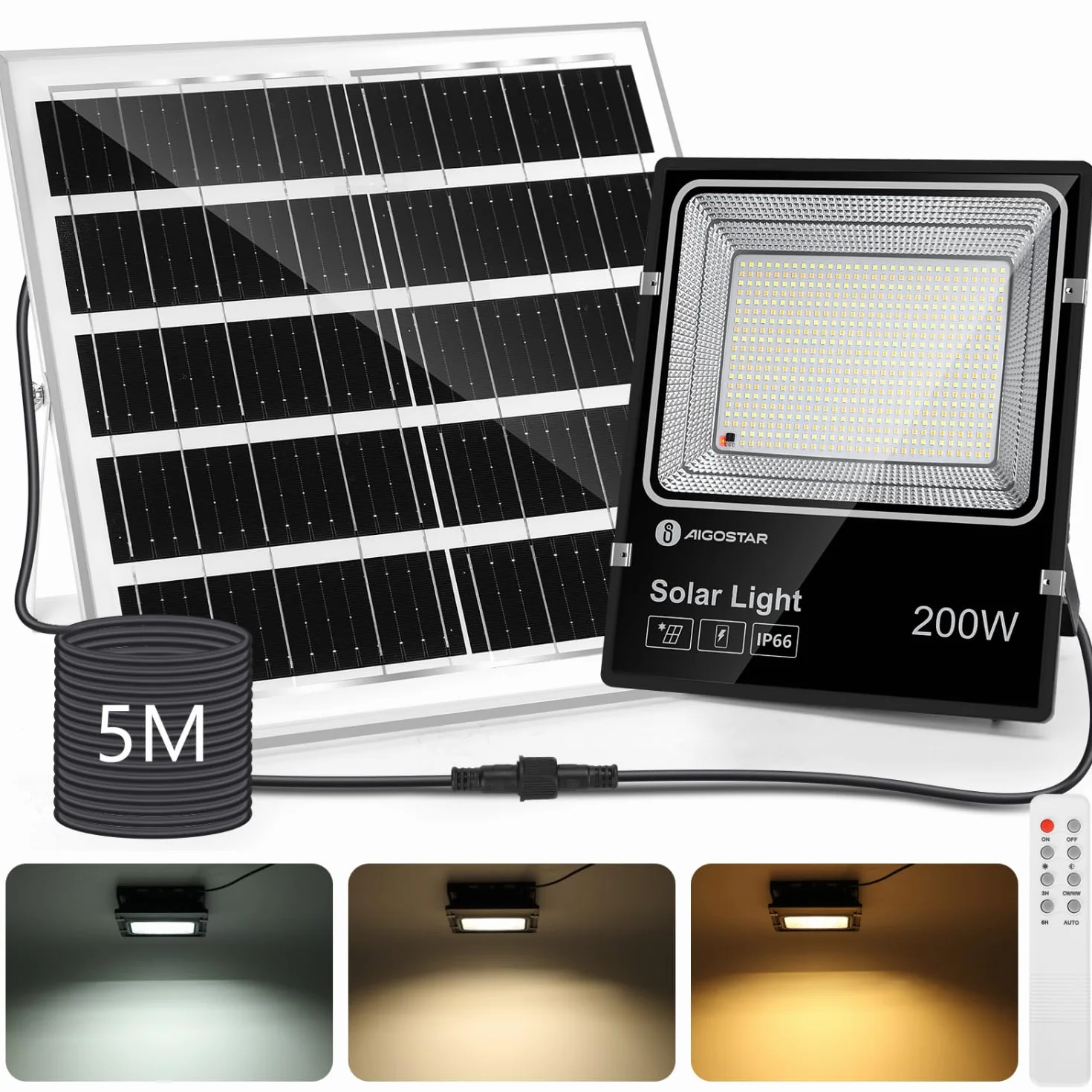 Aigostar Projecteur Solaire LED d'extérieur 16000mAh IP66 Dimmable 3000-6500K avec Télécommande