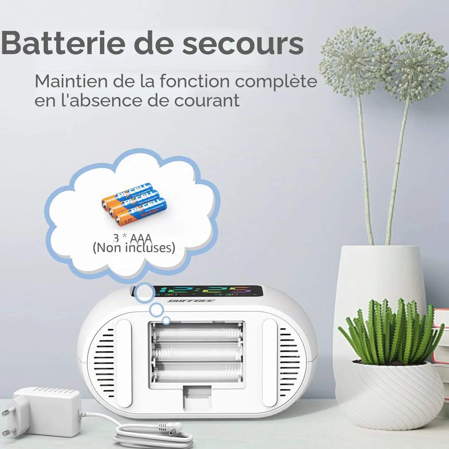 BUFFBEE Radio-réveil FM avec double alarme, veilleuse 7 couleurs, chargeur USB et variateur
