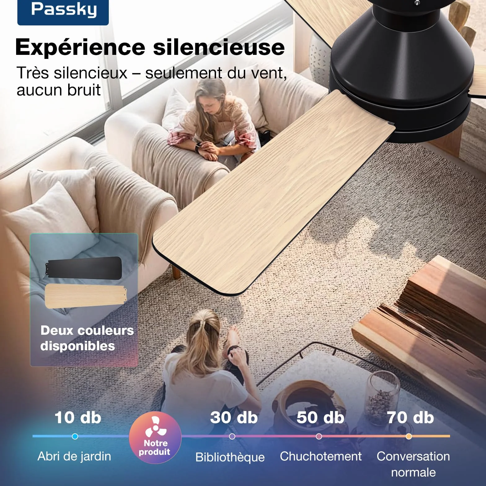 Passky Ventilateur de plafond silencieux 107cm avec lumière, télécommande, moteur CC réversible, 6 vitesses, minuterie