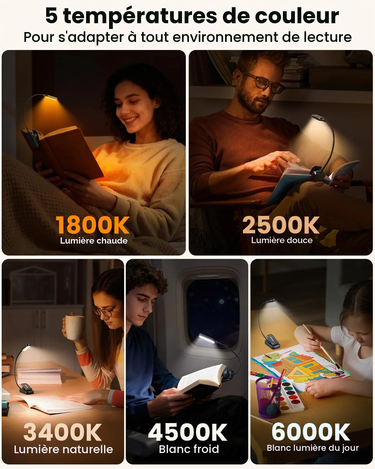 Glocusent Lampe de Lecture Rechargeable 20 LED Clip, Gradation Progressive 5 Modes Protection des Yeux, 3-100LM, 360° Cou Flexible Noir