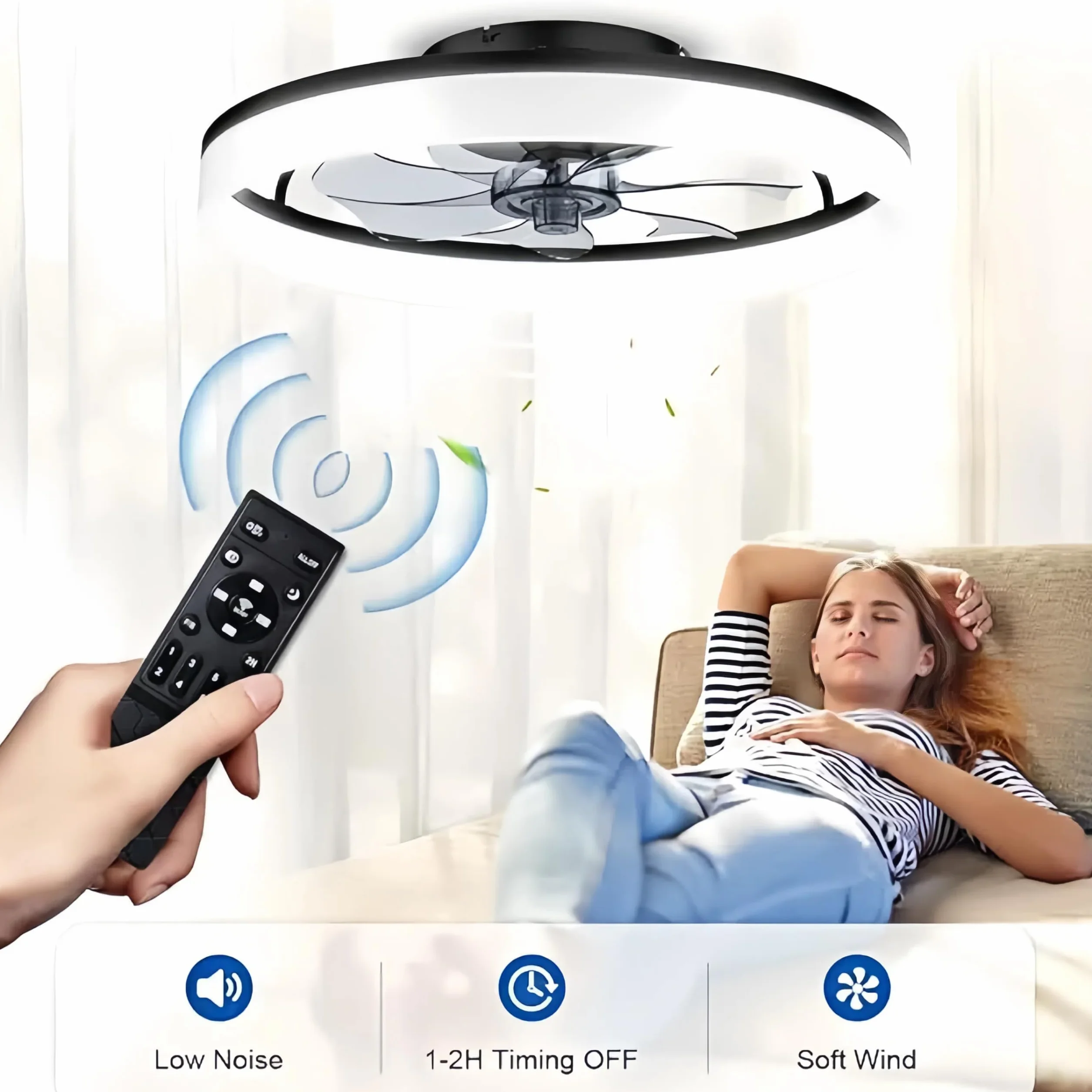 Ventilateur de Plafond Silencieux 50cm avec LED, Télécommande, 6 Vitesses et Réversible