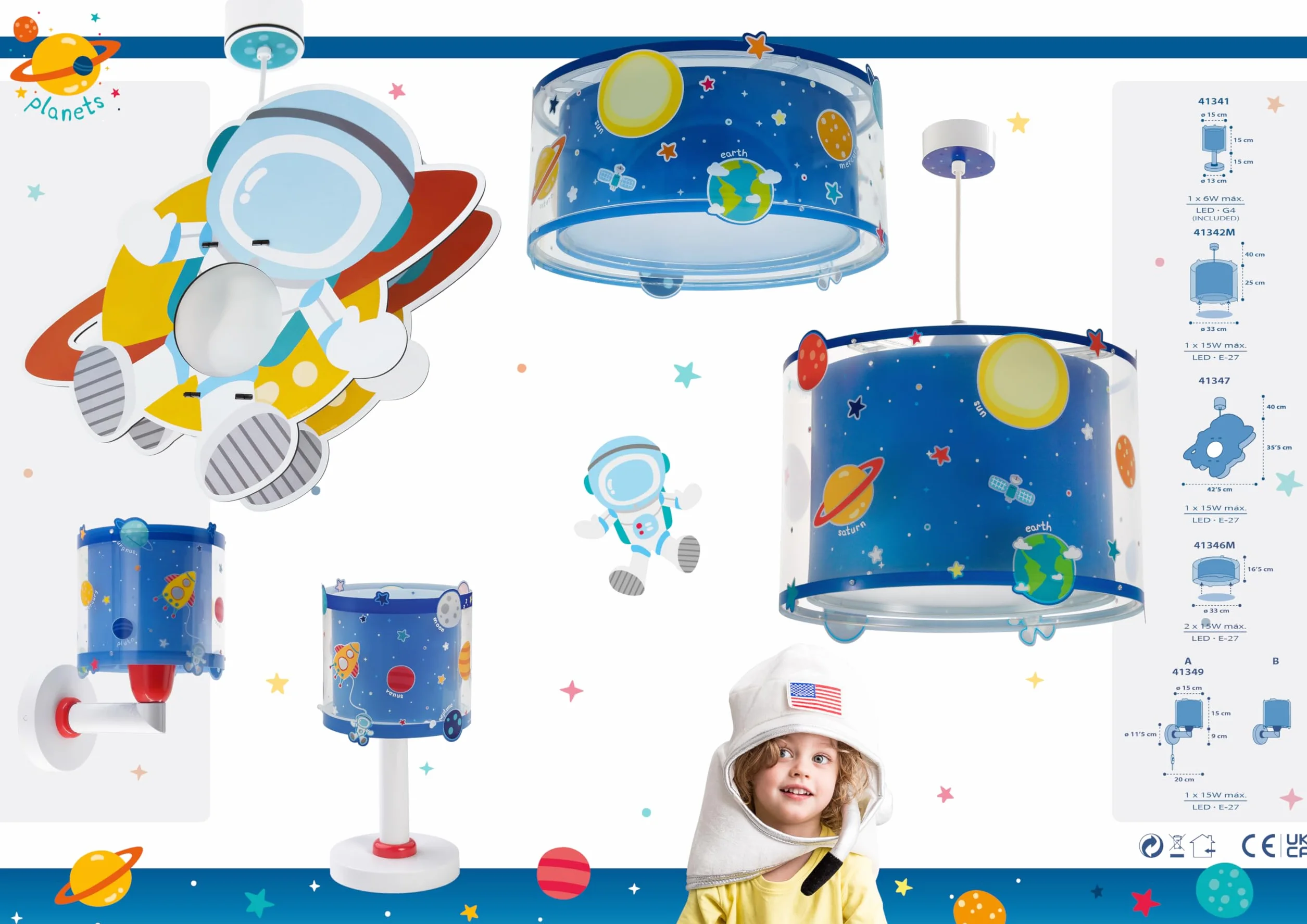 Dalber Lampe de chevet enfant Planets Planètes G4 LED 4 W Bleu