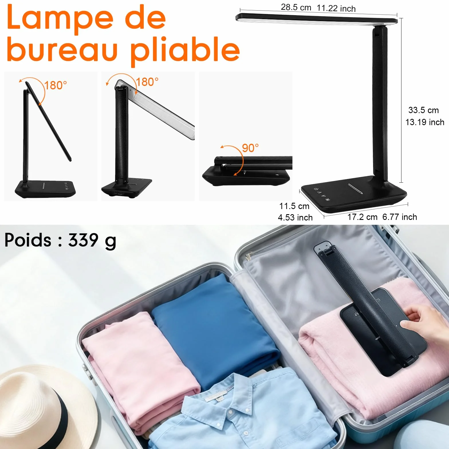 Lampe de bureau LED rechargeable 4000 mAh intensité variable 5 modes 5 niveaux de luminosité
