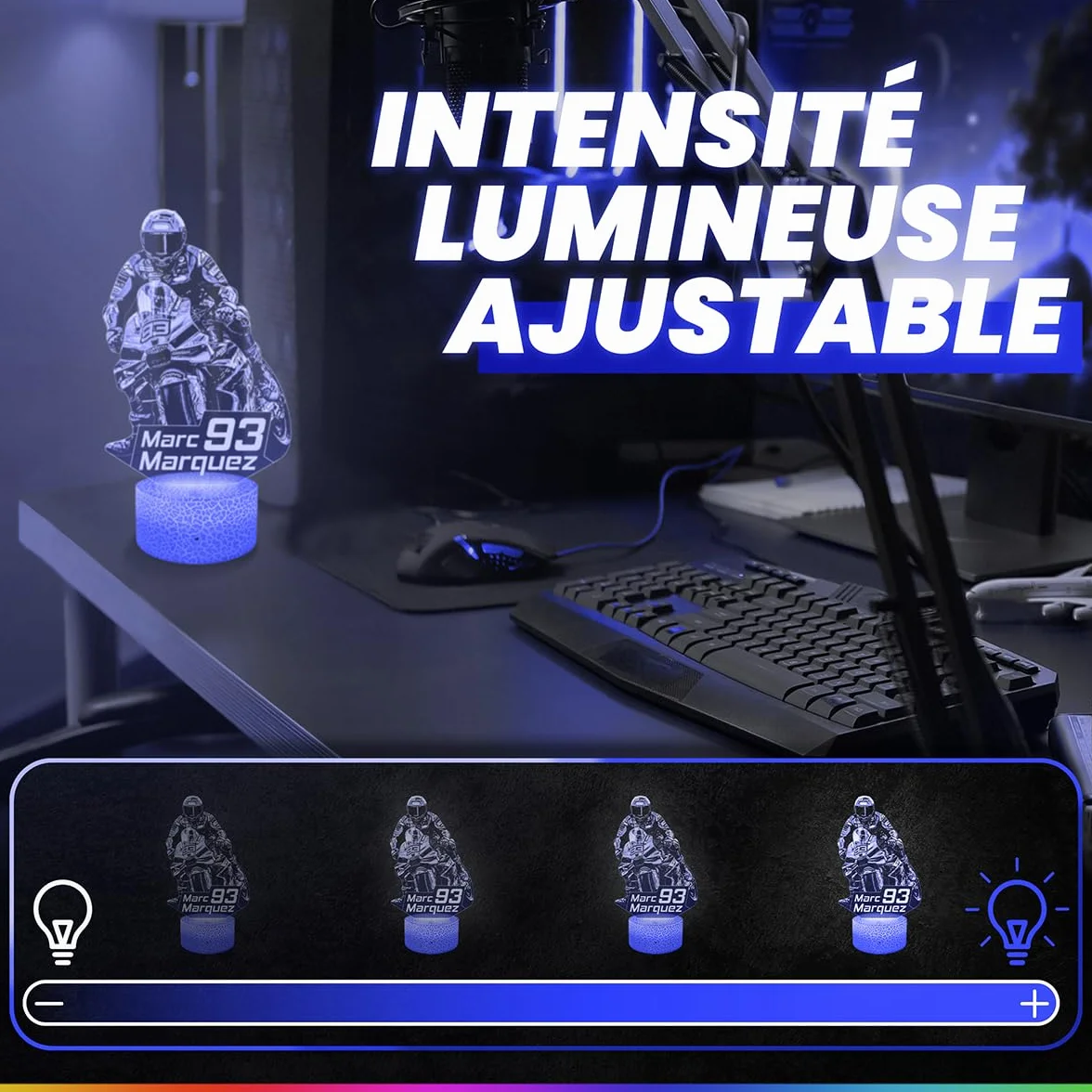 Lampe 3D Marc Marquez Moto GP Pilote Grand Prix, Veilleuse Tactile LED Effet Hologramme 3D, Décoration Chambre