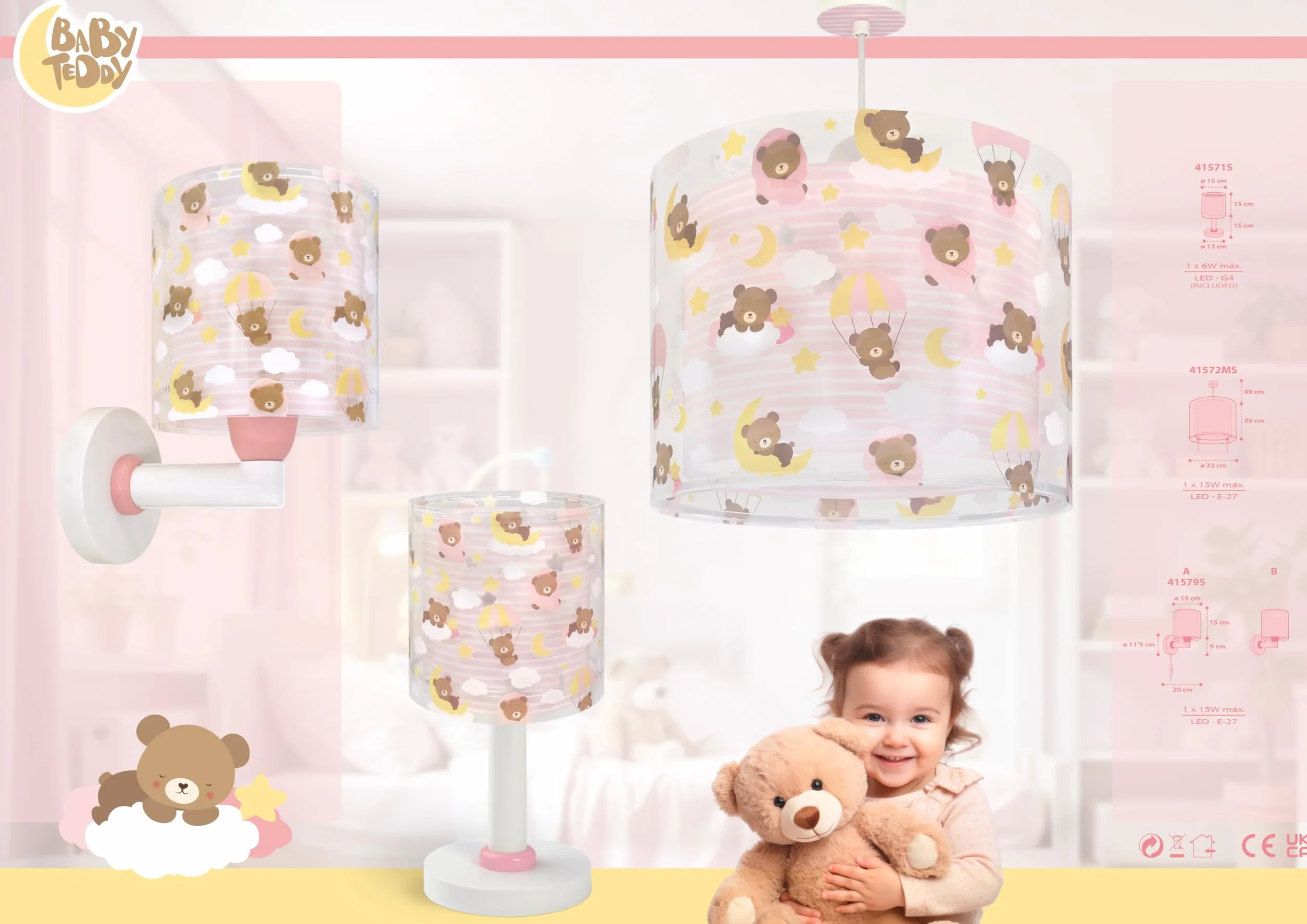 Dalber Lampe de chevet enfant Baby Teddy Ours roses nuages G4 LED 4 W Rose