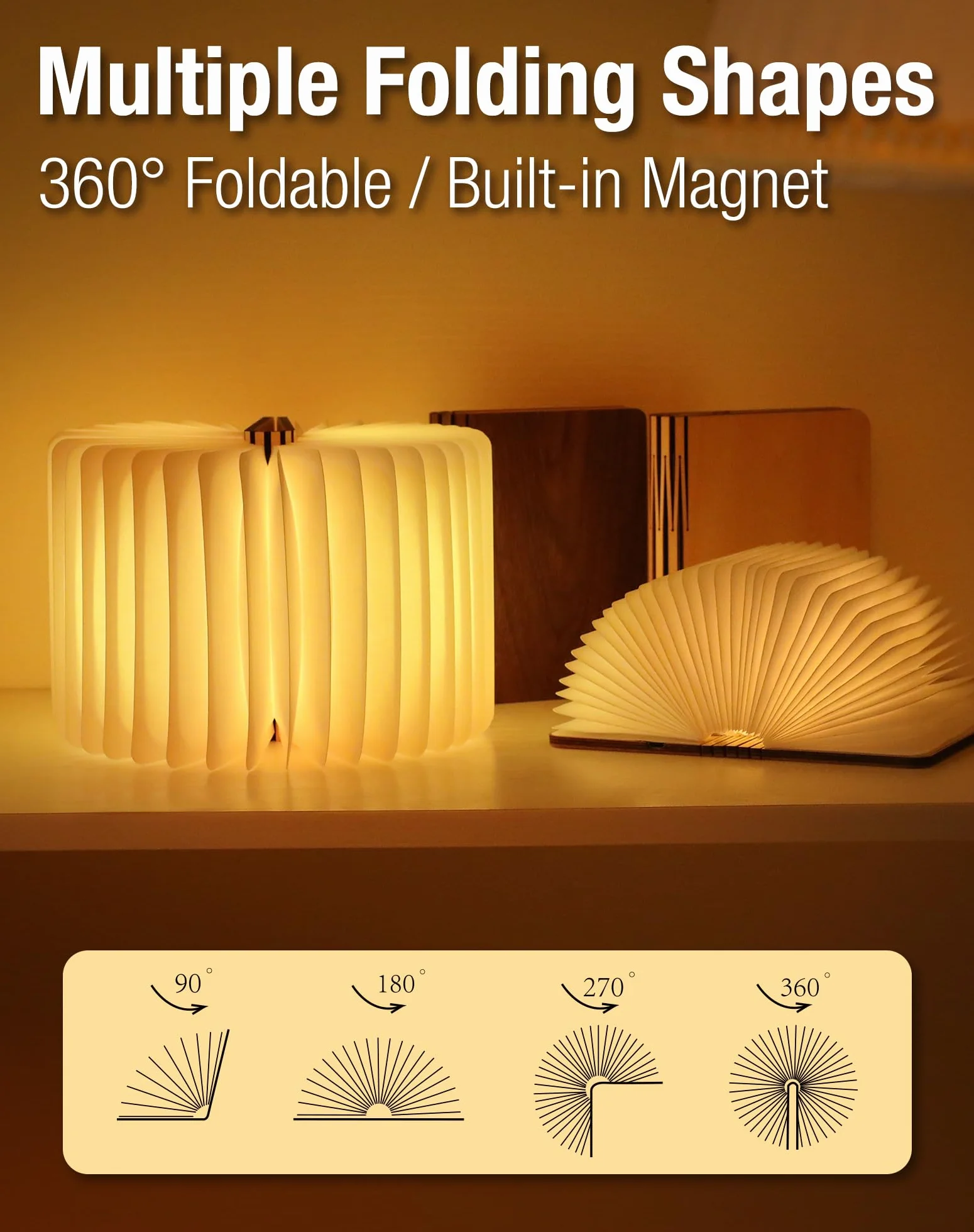 Lampe Livre en Bois 12CM Pliable à Piles LED Magnétique Noyer