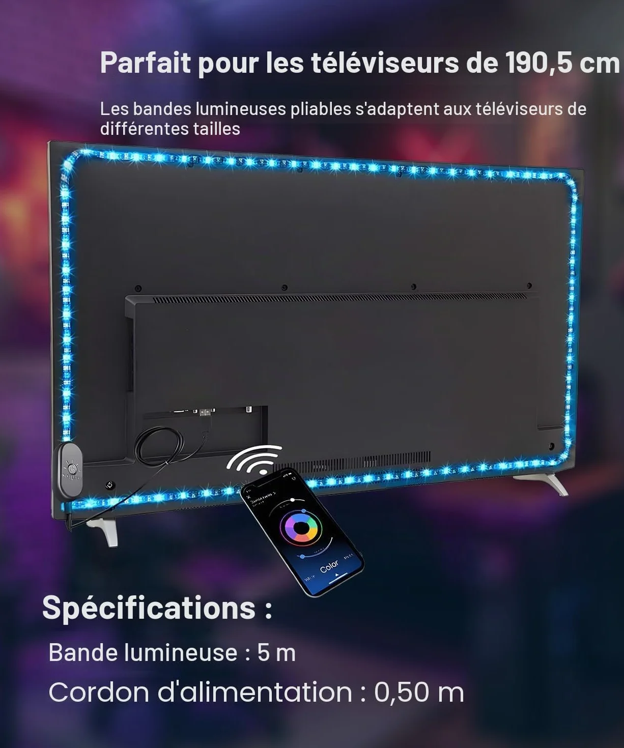 Nexillumi Ruban LED TV RGB Bande Lumineuse LED 4M 55-75 Pouces Musique Sync Bluetooth APP Télécommande USB