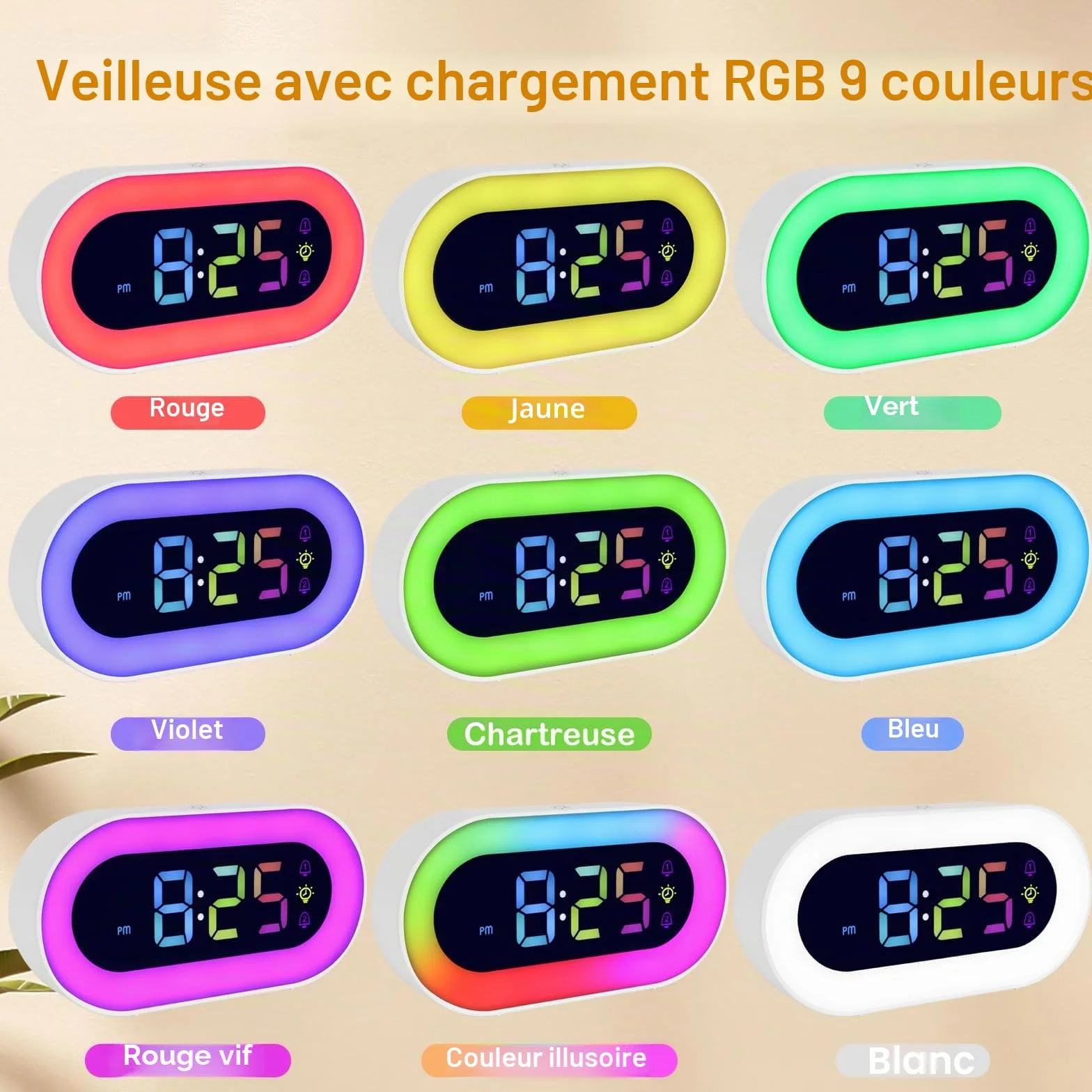 Réveil Lumineux pour Enfants Double Alarme 18 Sonneries Mode Sieste 12/24H 5 Niveaux Volume Veilleuse 9 Couleurs