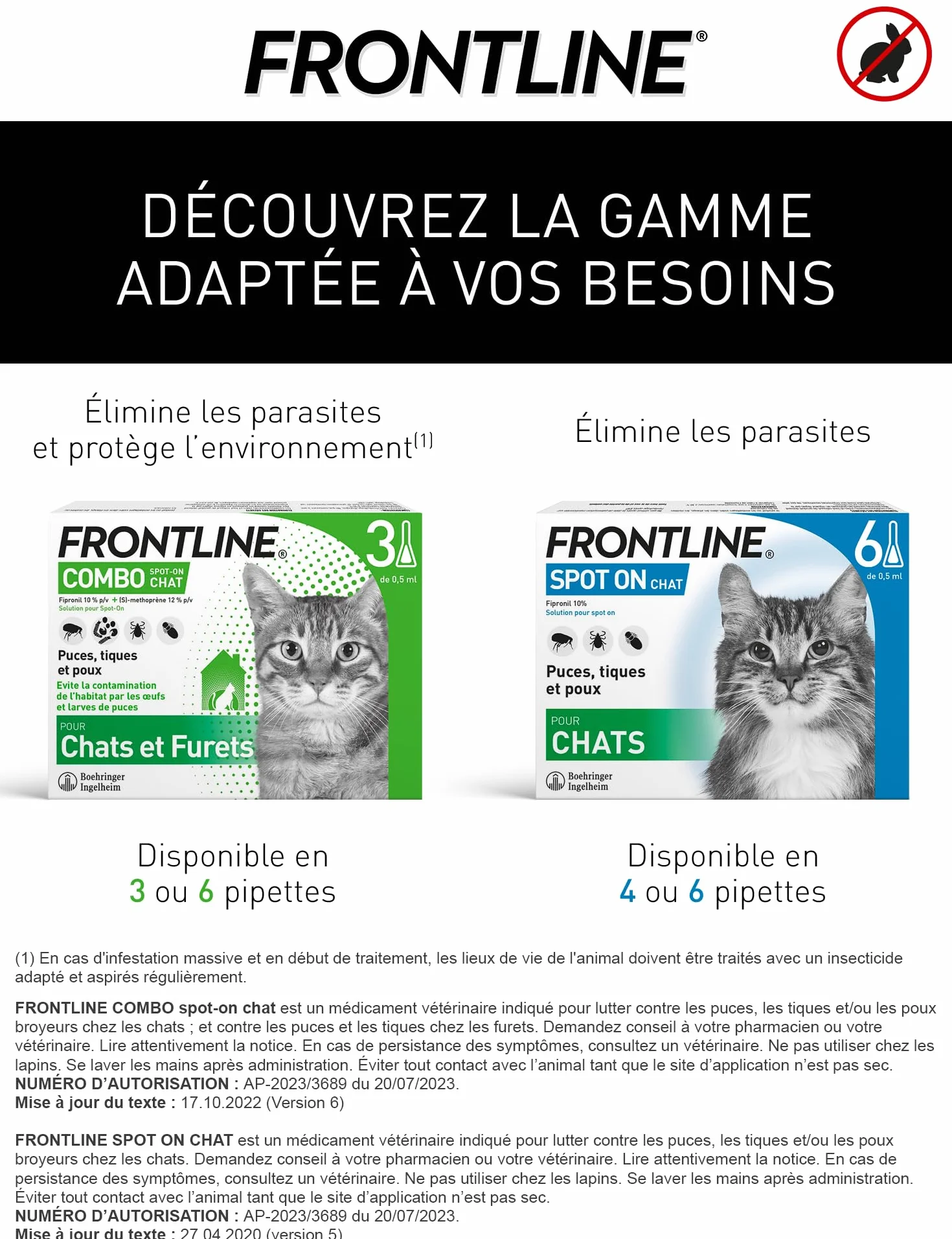 FRONTLINE Combo Chat 6 Pipettes Anti Puces Tiques Poux Larves Oeufs Jusqu'à 4 Semaines Fabriqué En France