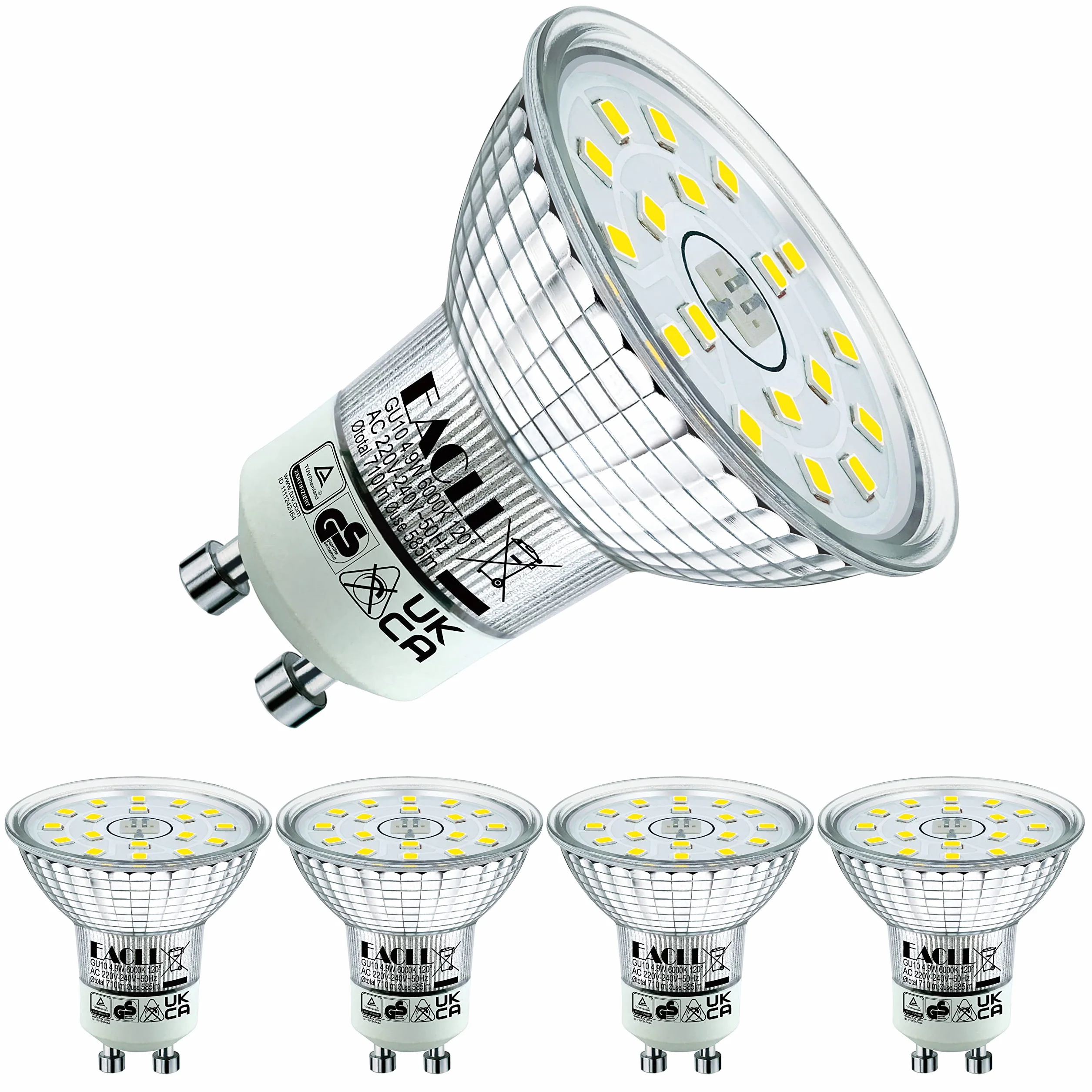 Ampoules LED GU10 Blanc Froid 4.9W Équivalent Halogène 75W Lot de 4 6000K 585 Lumens 120° Non Dimmable AC 230V