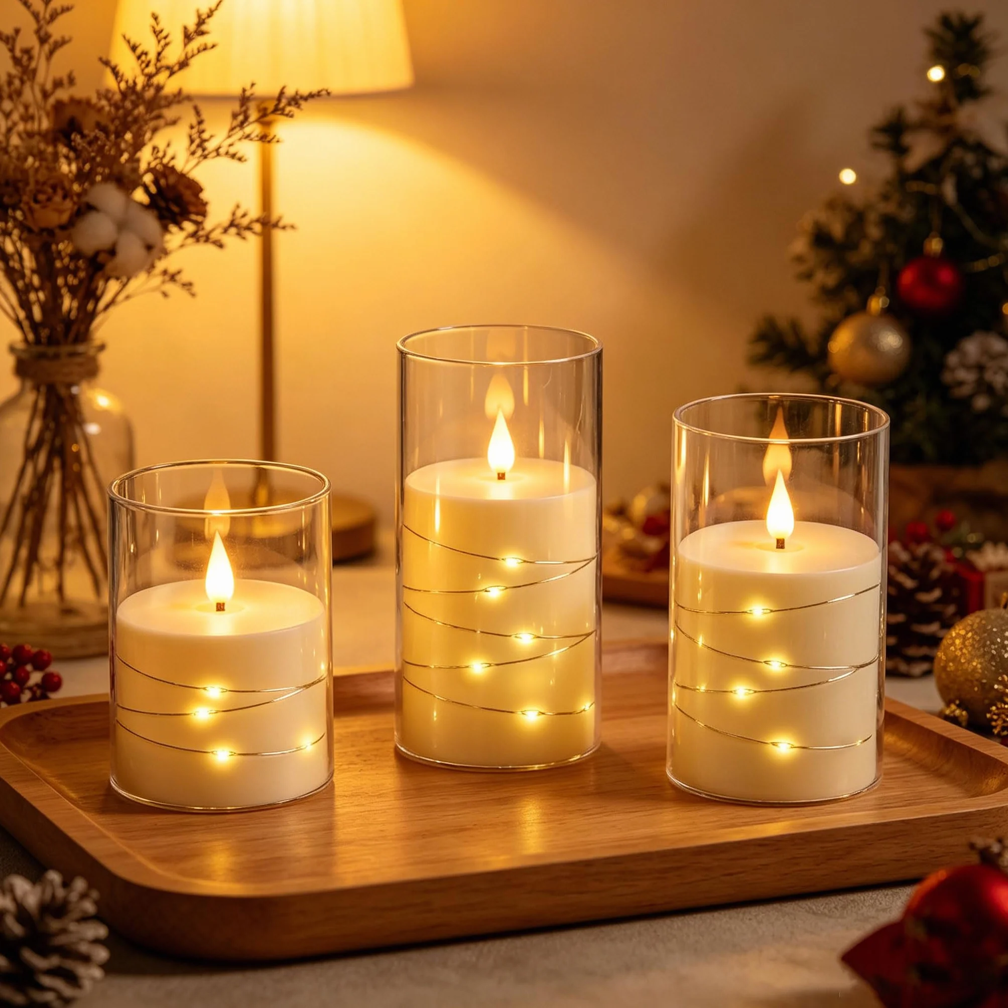 Bougies LED Ivoire Transparentes Guirlande Lumineuse Flamme Scintillante Réaliste Effet Verre Télécommande Incluse Plastique Réutilisable Écologique