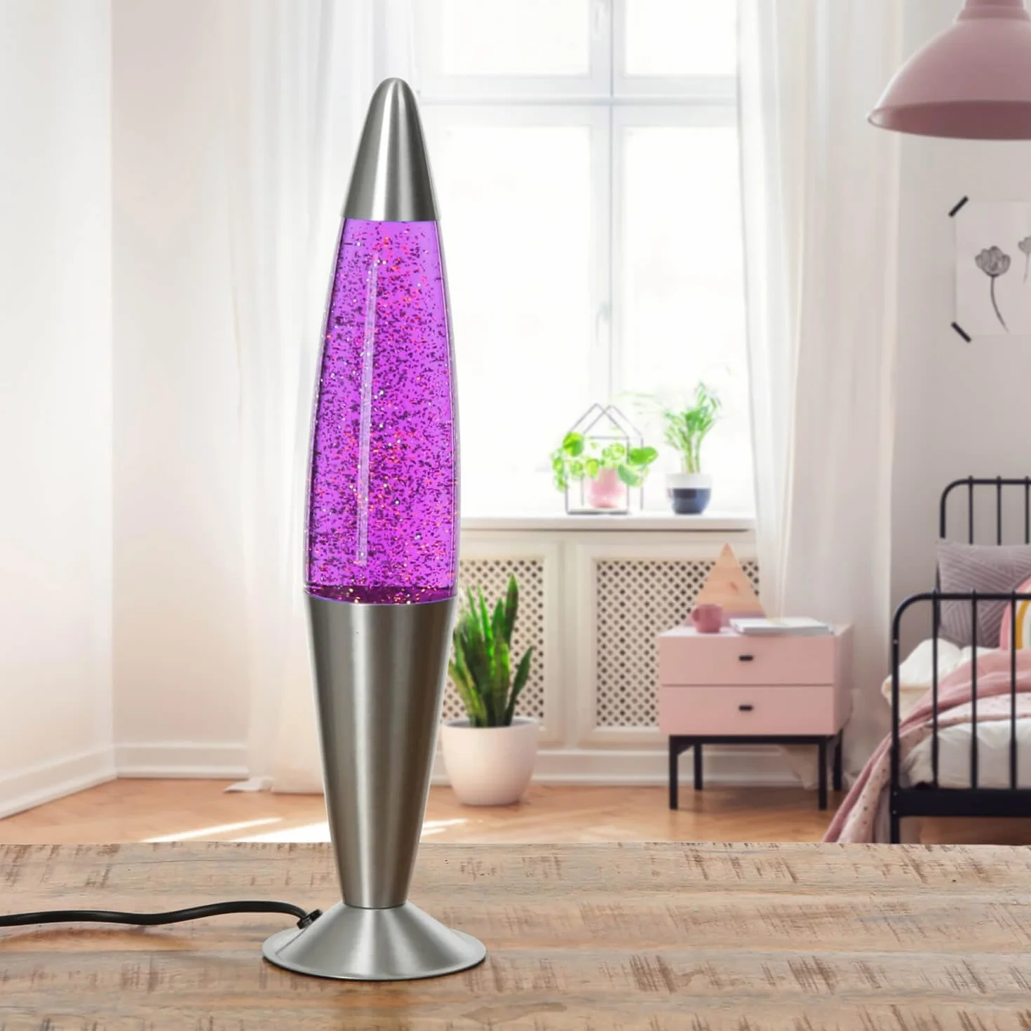 Lampe à lave JENNY argent paillettes H:42 cm G9 ampoules incluses rétro lampe de table