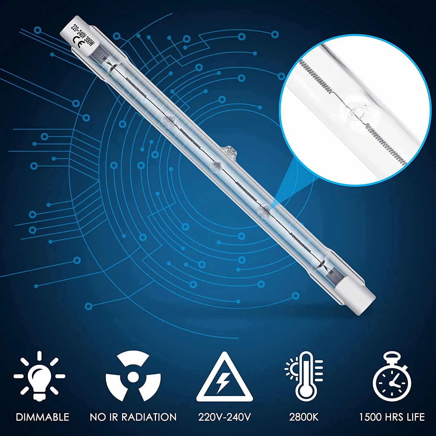 BROTOU 300W 118mm R7S Ampoule Halogène Dimmable 220-240V 4480lm 2800K Blanc Chaud