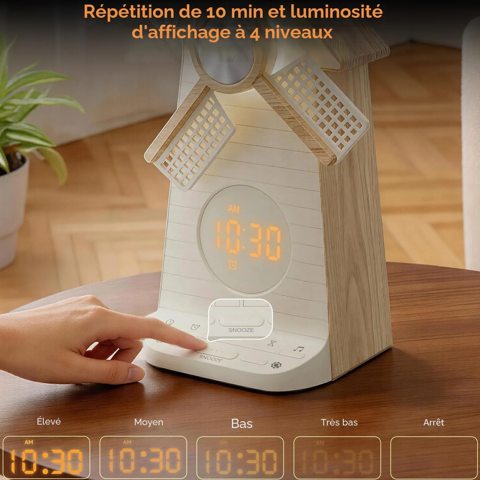 RETEYUNG Réveil avec veilleuse enfant à moulin à vent rotatif, simulateur d'aube, Alarme LED avec snooze