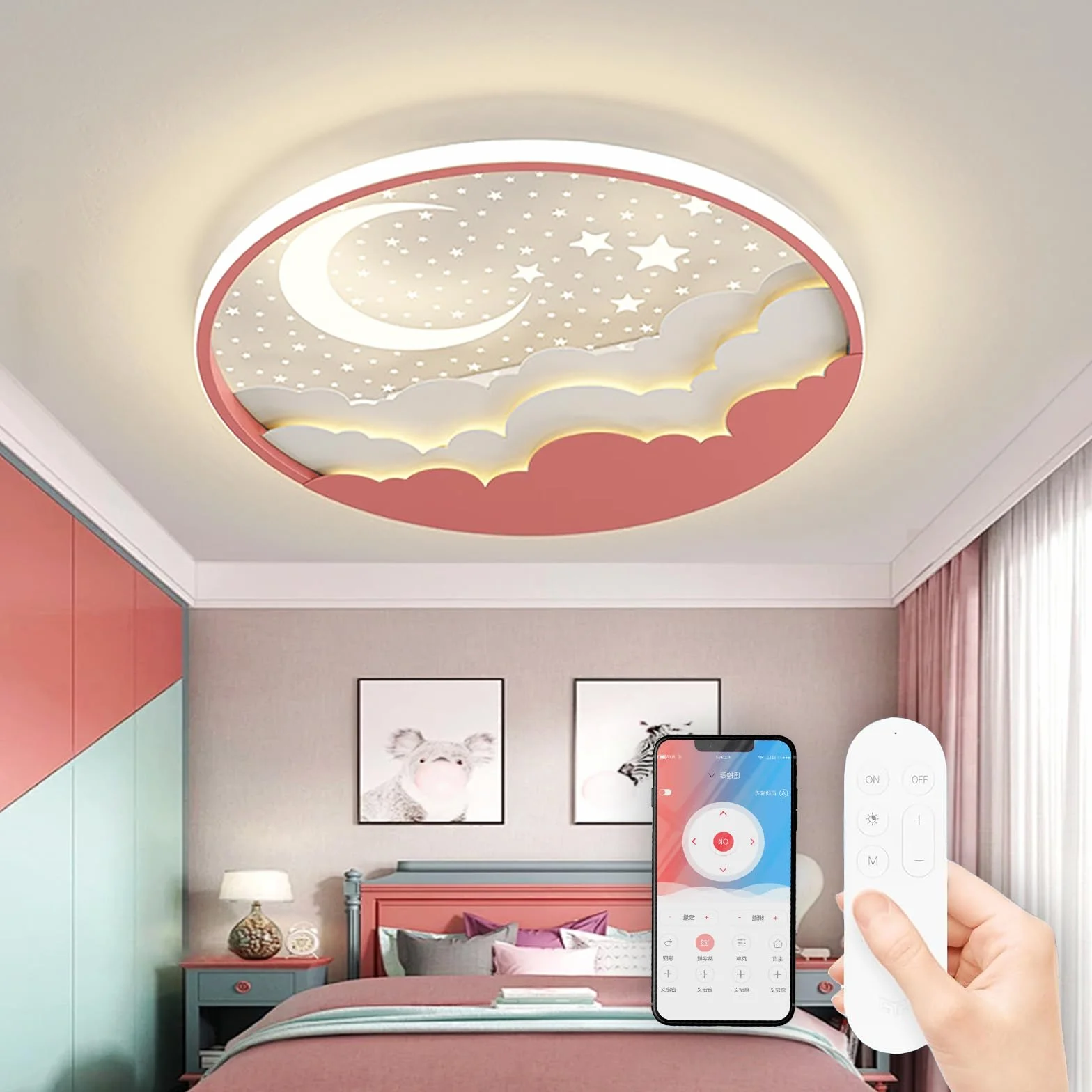 Plafonnier LED Enfant Étoile Lune Dimmable Télécommande 3000-6000K Rose